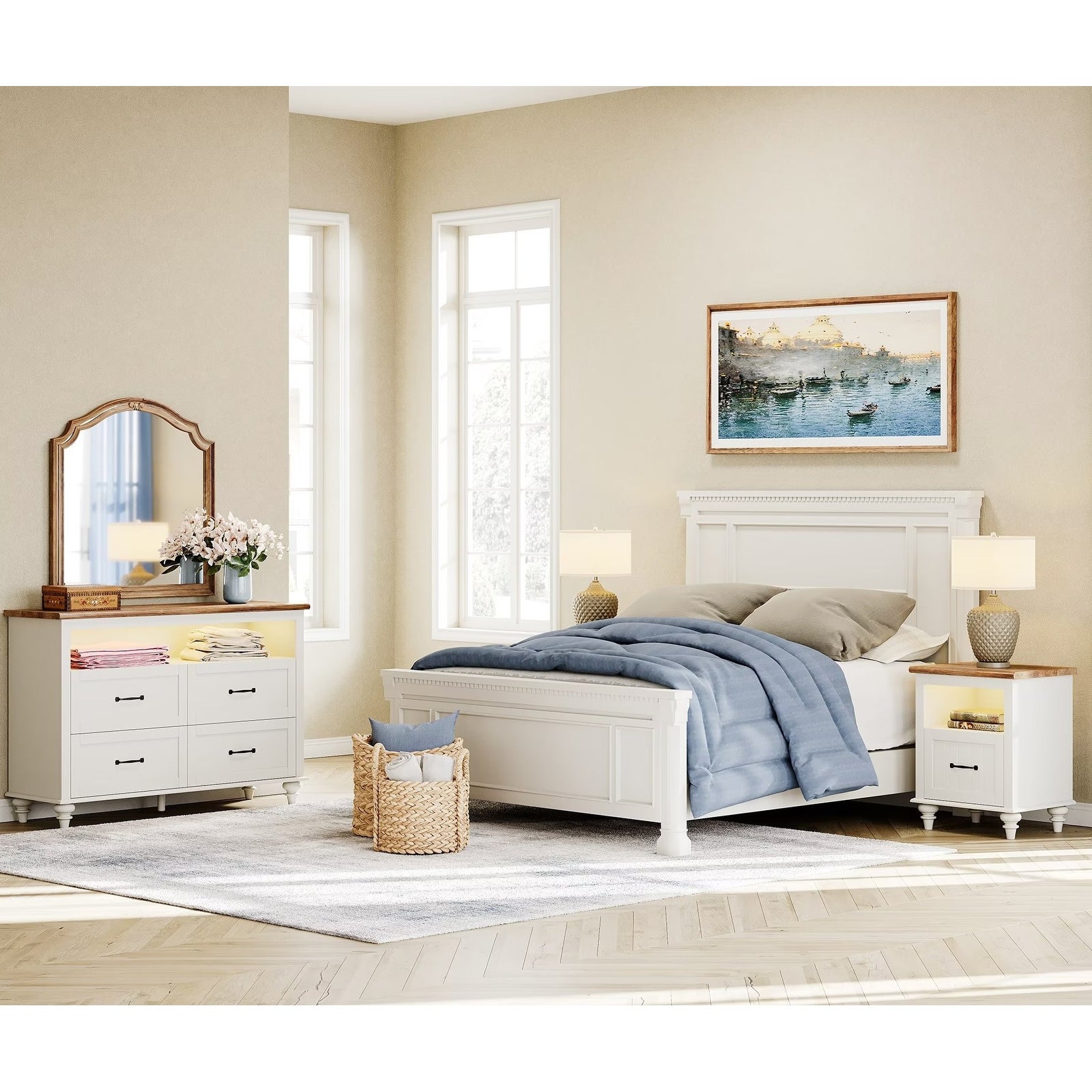 Mid-Century Dresser and Nightstand Set， 2/3 Piece Bedroom Set with LED - - 36358230 - Mycitystee