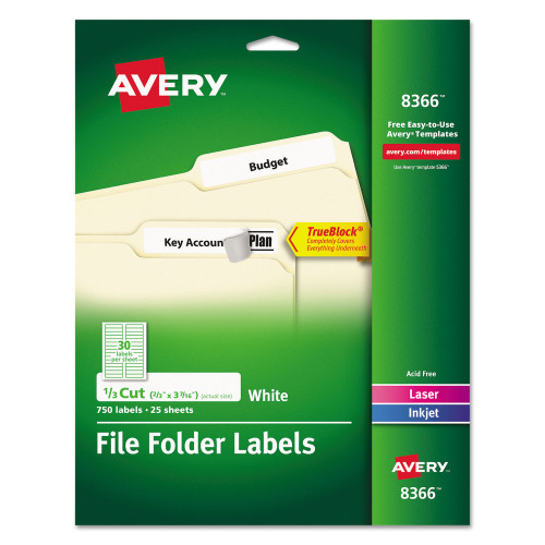 Avery Permanent TrueBlock File Folder Labels with Sure Feed Technology， 0.66 x 3.44， White， 30/Sheet， 25 Sheets/Pack (8366) - Mycitystee
