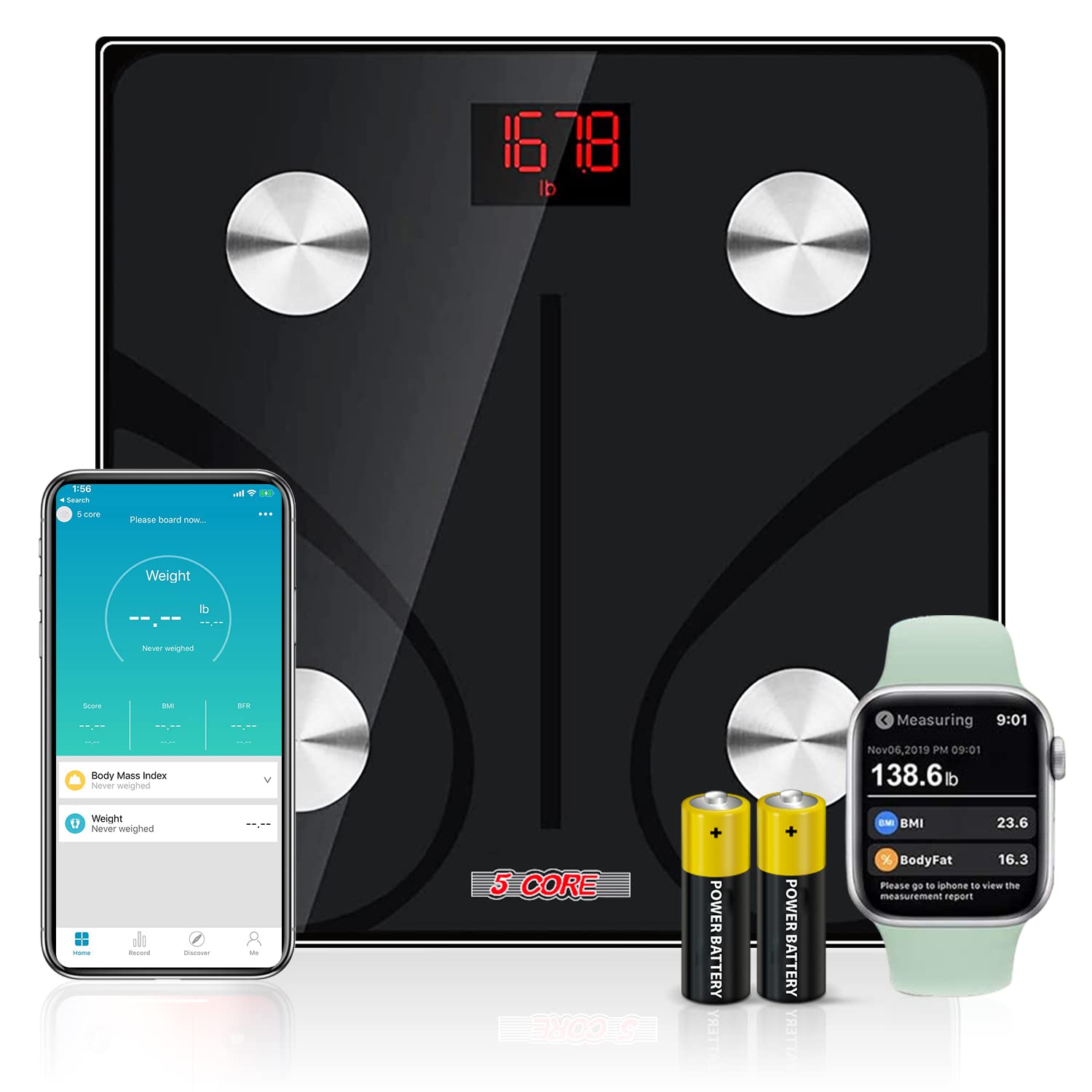 5 Core Smart Digital Bathroom Weighing Scale with Body Fat and Water Weight for People, Bluetooth BMI Electronic Body Analyzer Machine, 400 lbs. BBS D - Mycitystee