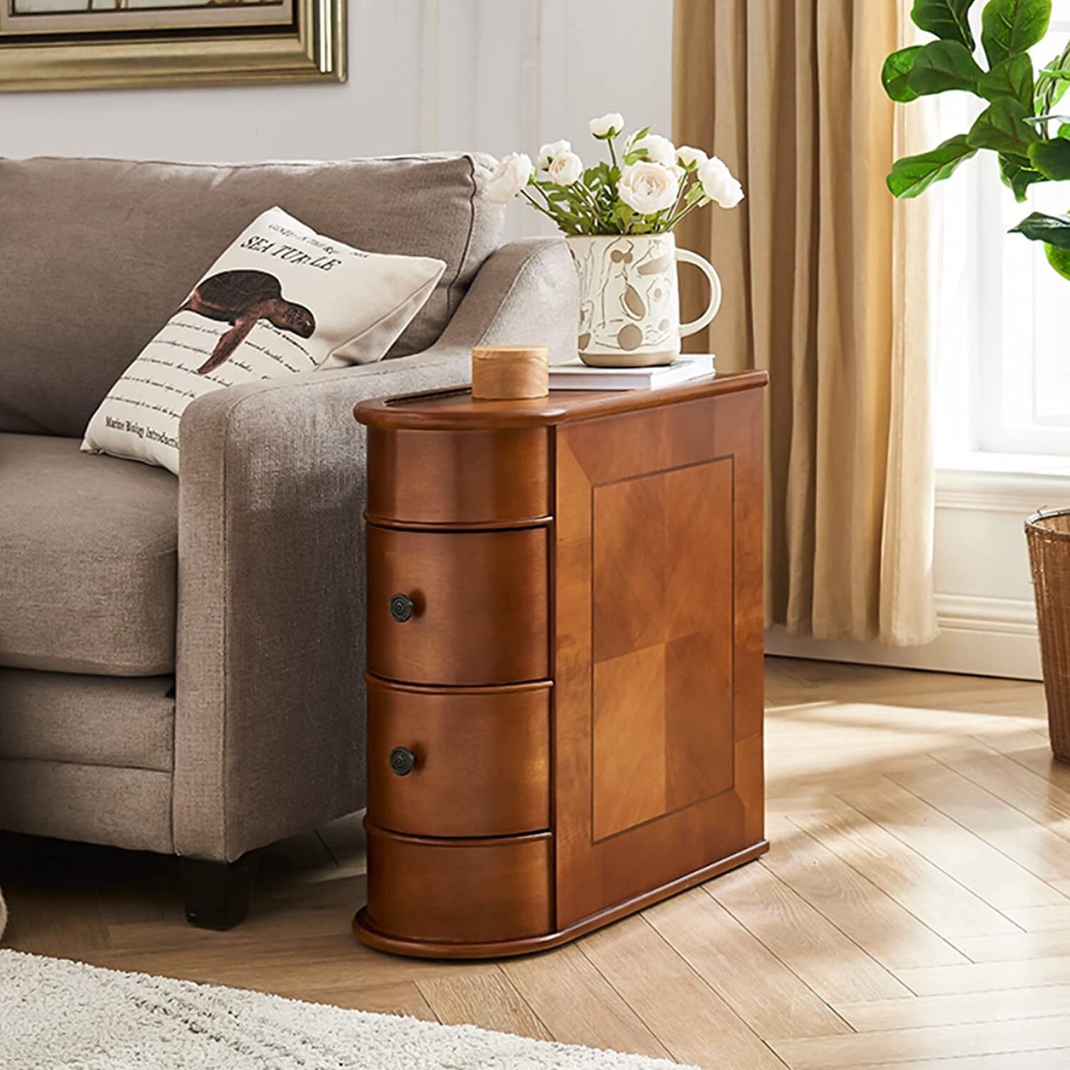 Solid Wood End Table， Two-drawer， Vintage Brown - Mycitystee