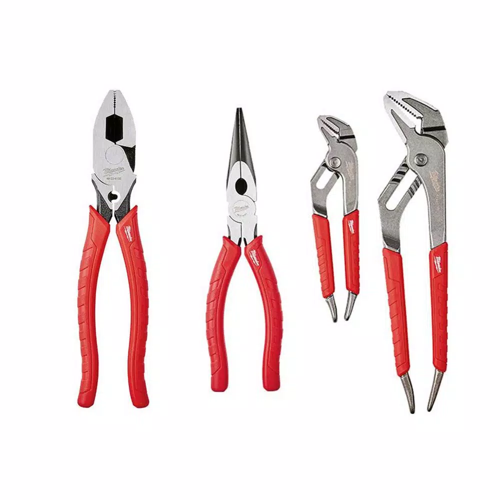 Milwaukee 10 in. High Leverage Linemanand#8217;s Pliers with Crimper and Long Nose Pliers and 6 in./10 in. Straight-Jaw Pliers Set (4-Piece) and#8211; - Mycitystee