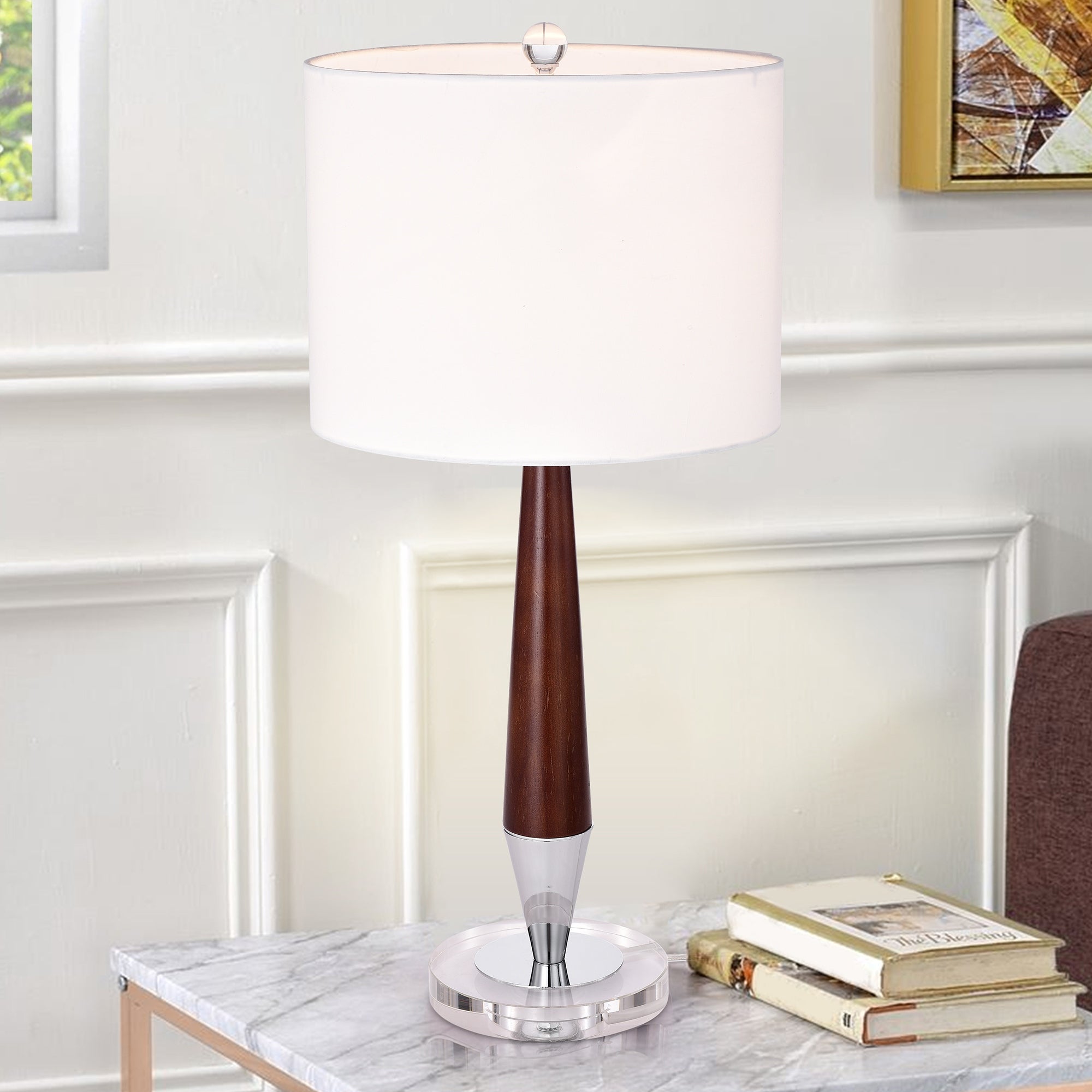 Regan Chrome+Off-White 1-Light Drum Fabric Shade Table Lamp - Mycitystee
