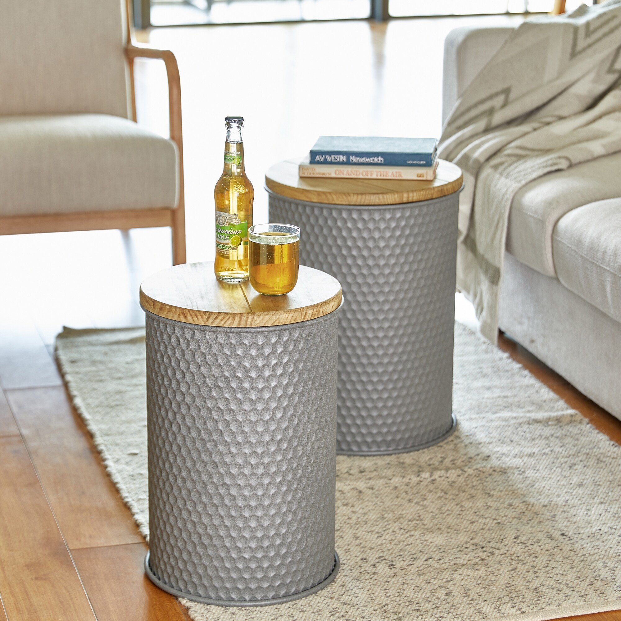 Glitzhome Set of 2 Modern Gray Honeycomb Nesting Side End Table Storage Stool - Mycitystee