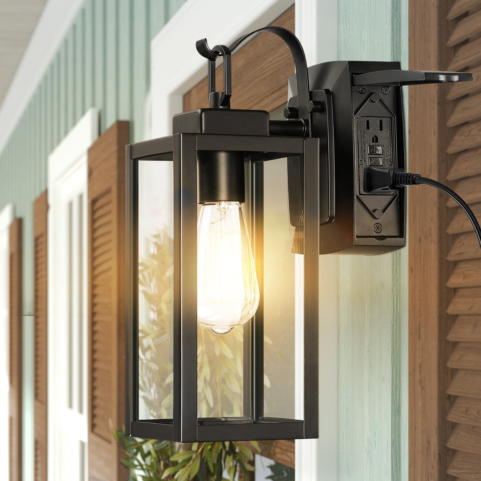 1-Light Outdoor Wall Lantern with Built-In GFCI Outlets - Matte Black Shopping - The Best Deals on Outdoor Wall Lanterns | 40969105 - Mycitystee