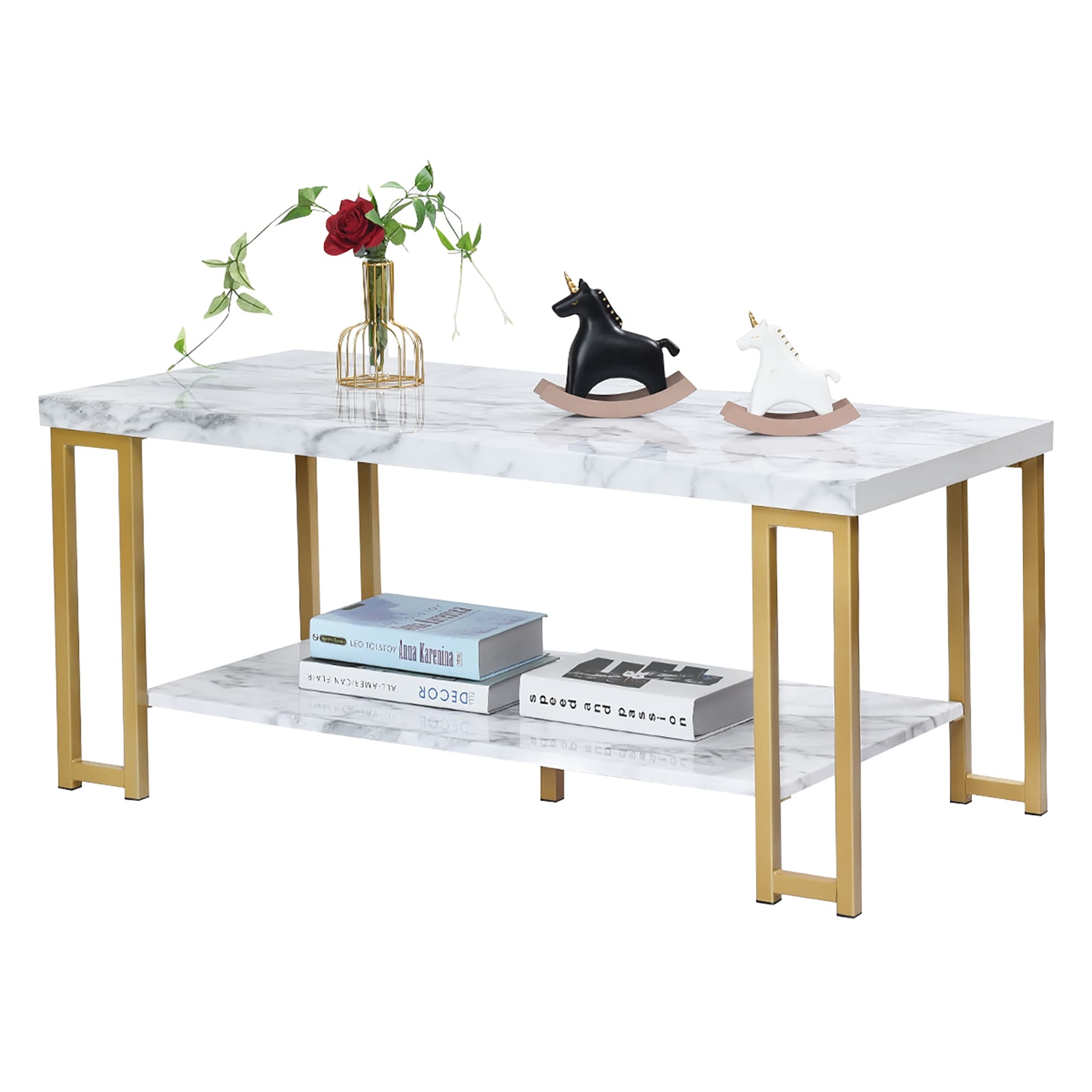 2 Tier Rectangular Coffee Table with Gold Print Metal Frame - Mycitystee
