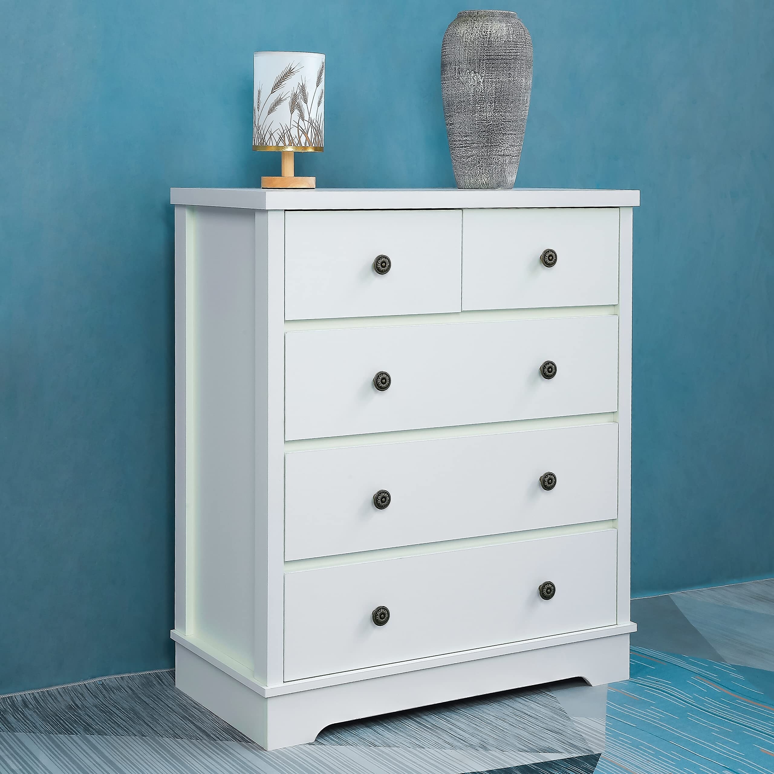 Modern 5-Drawer Cabinet， Wood Storage Cabinet Dresser Chest Accent Cabinet with Pewter Knobs and Open Countertop - as picture - - 37668999 - Mycitystee