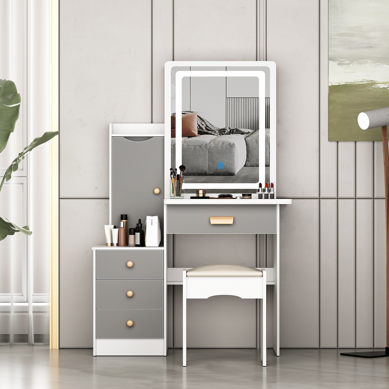 Makeup Vanity Set with Mirror and Light and Stool Dresser Makeup Table - - 37191130 - Mycitystee