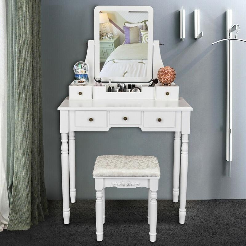 Square Mirror and 5 Drawers Roman Column Legs Dressing Table White - - 28177713 - Mycitystee