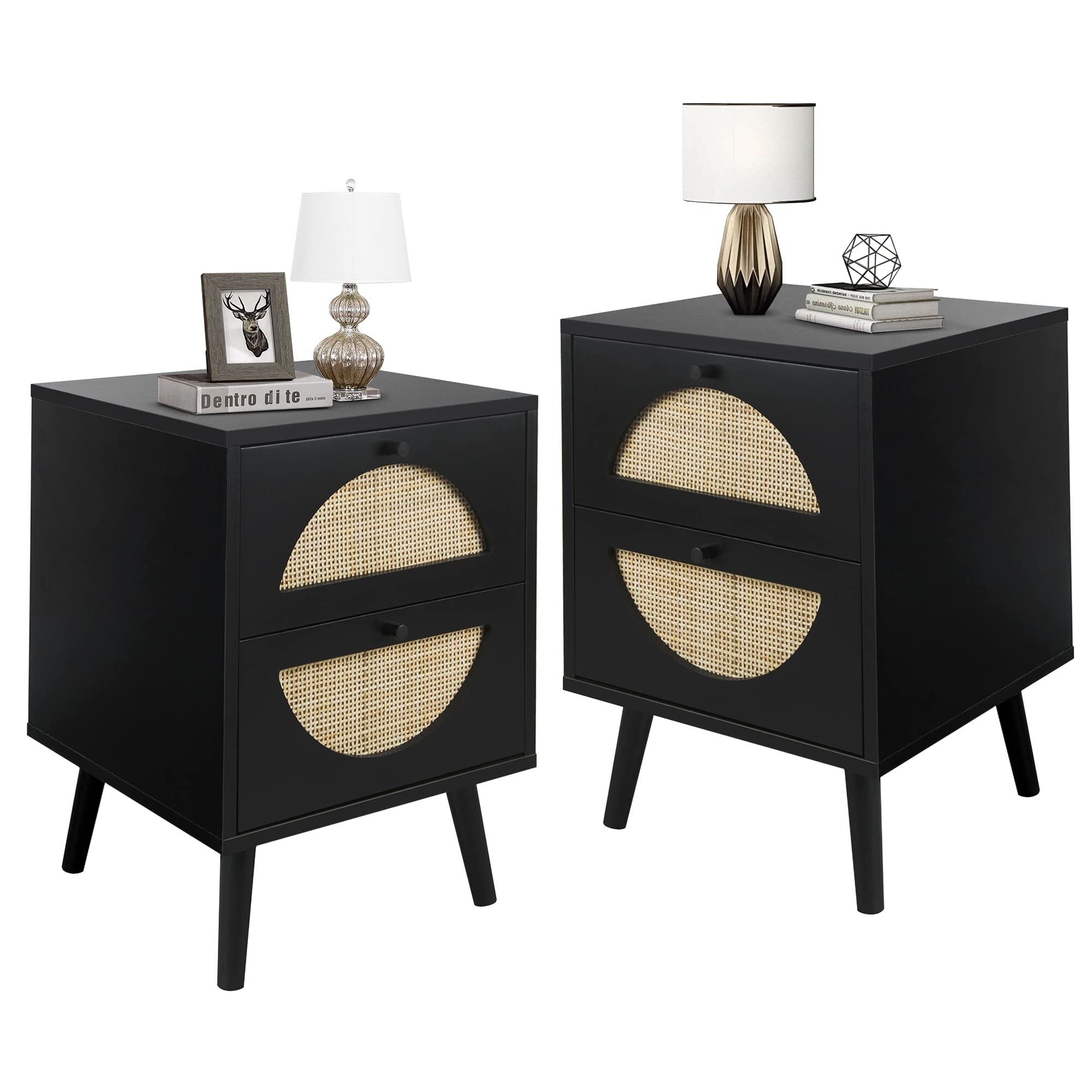 Rattan Nightstand Set of 2， Accent End Table Side Table with 2 Storage Drawers and Solid Wood Legs， Wood Accent Table - - 37668651 - Mycitystee