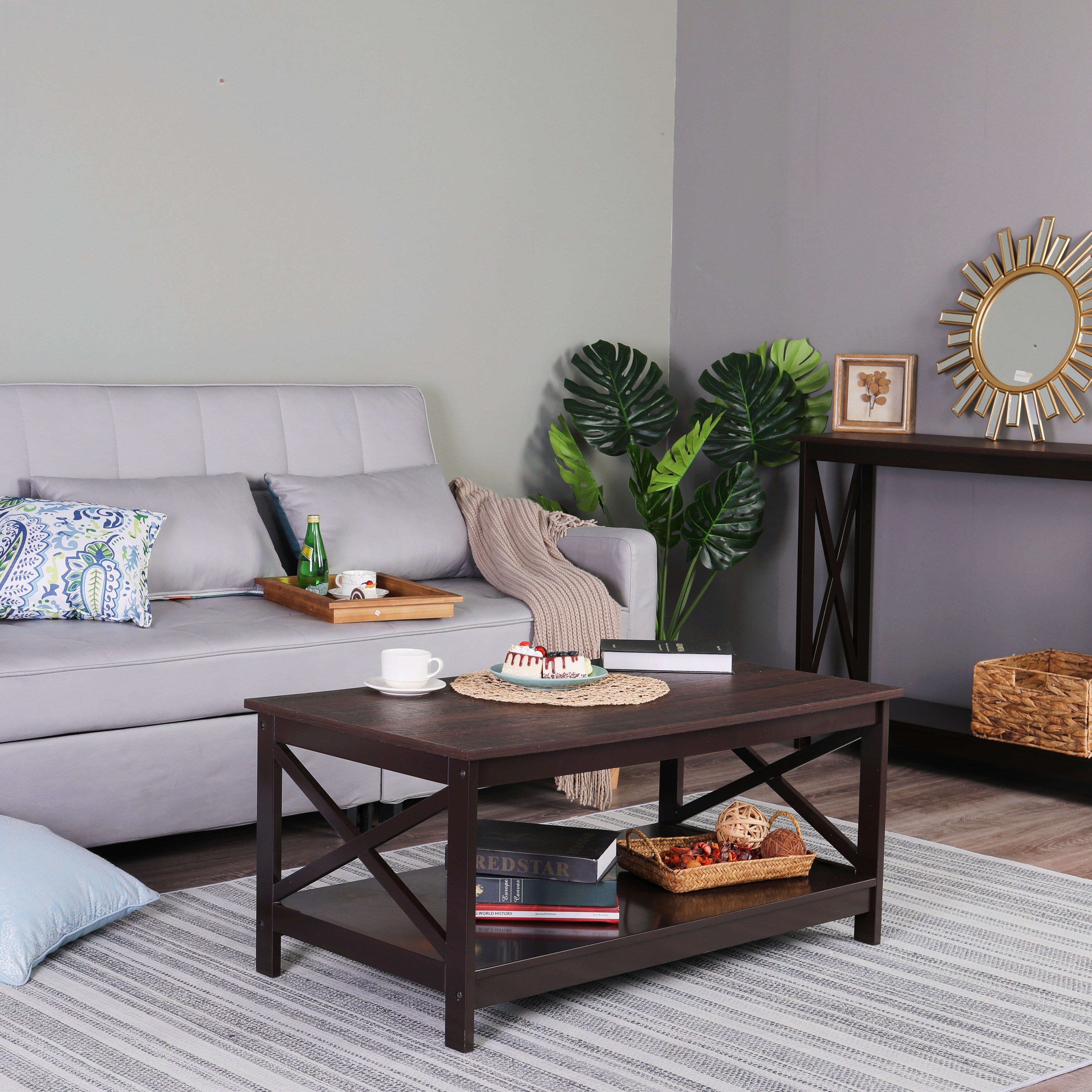 Sophia and William Coffee Table Rustic Cocktail Table with Storage Shelf - Mycitystee
