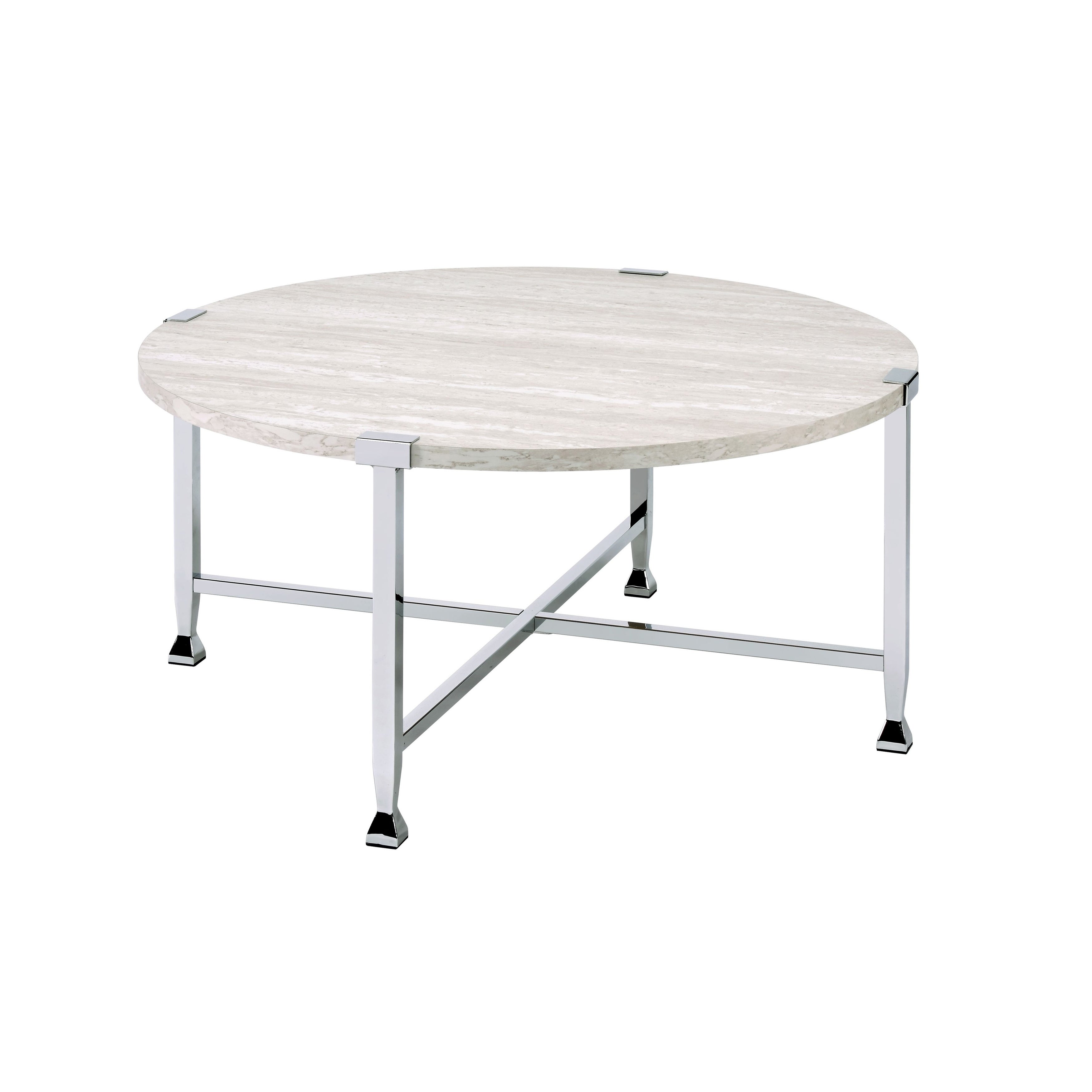 Coffee Table with X Shaped Metal Base and Round Wooden Top，Silver and Beige - Mycitystee