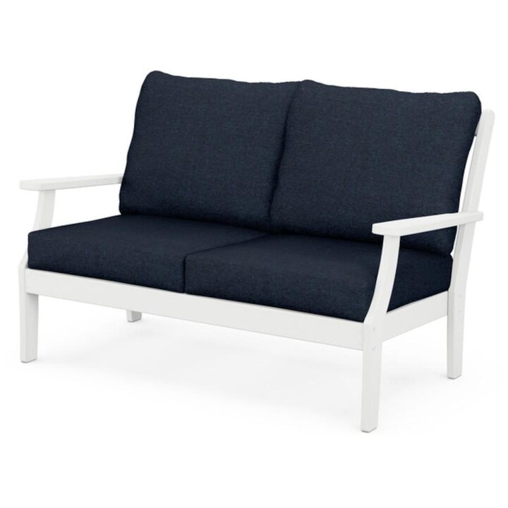POLYWOOD Braxton Deep Seating Settee in White / Marine Indigo - Mycitystee