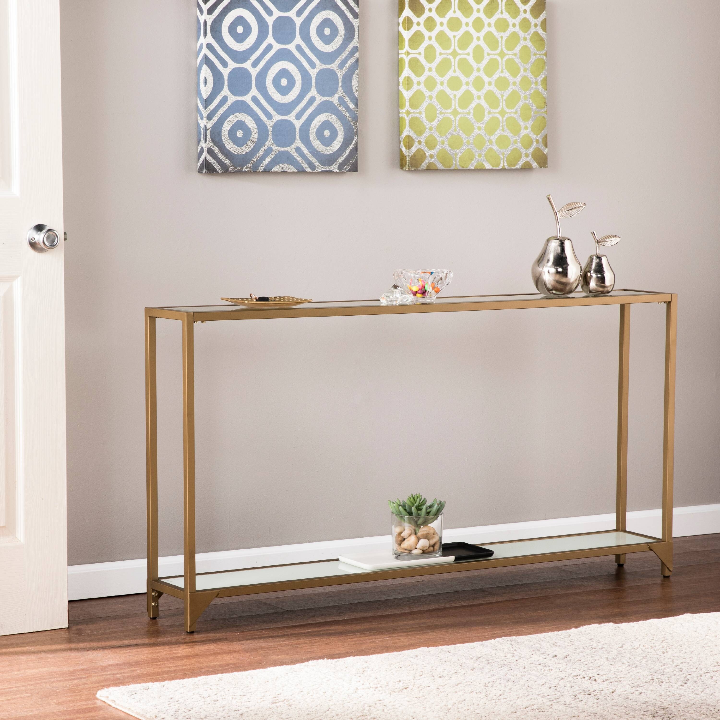 Barley Narrow Metal Console， Gold with White Glass - Mycitystee