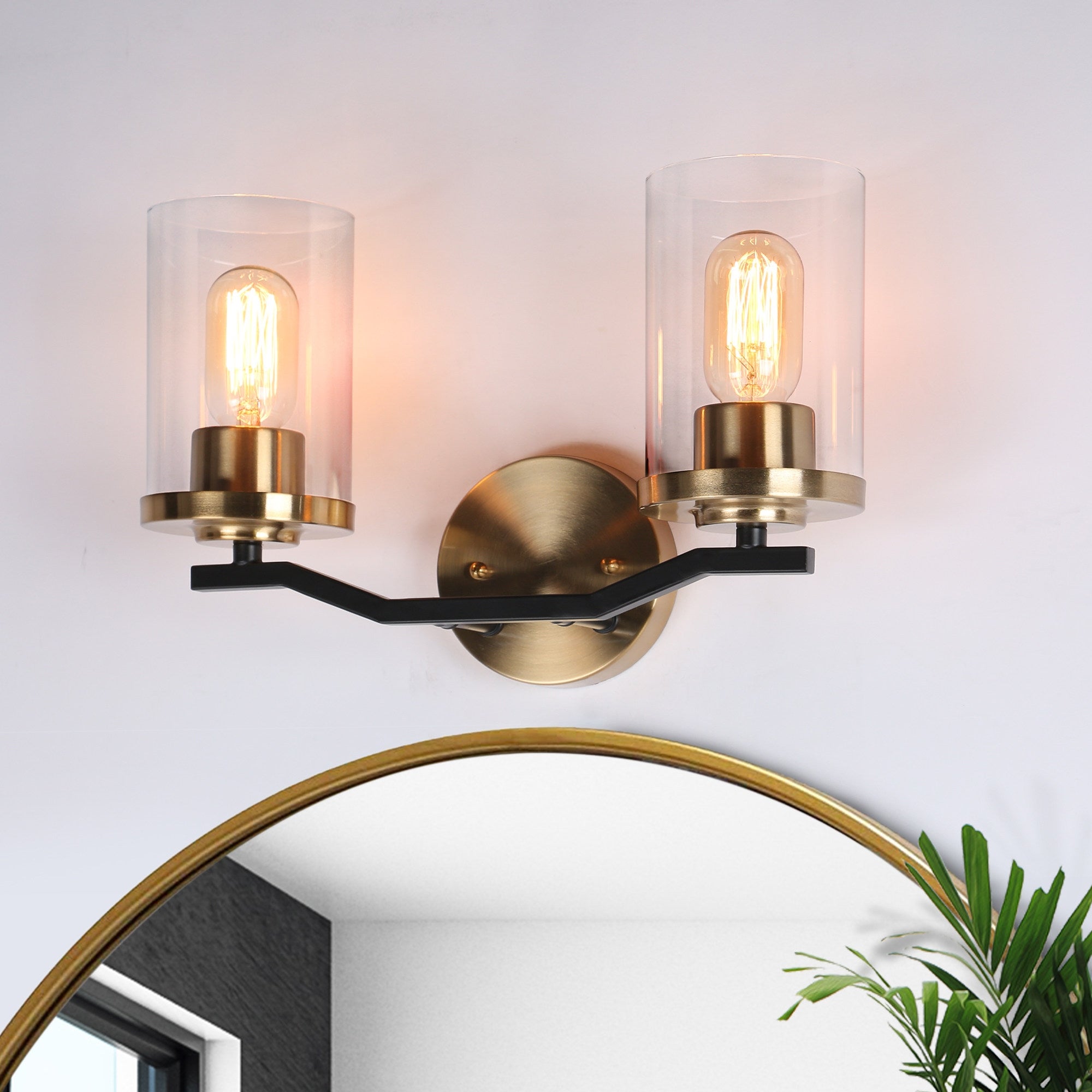 Modern 2-Light Bathroom Vanity Light Black Gold Wall Sconces with Glass Shade - 14'' L x 5.5'' W x 9.5'' H - Mycitystee