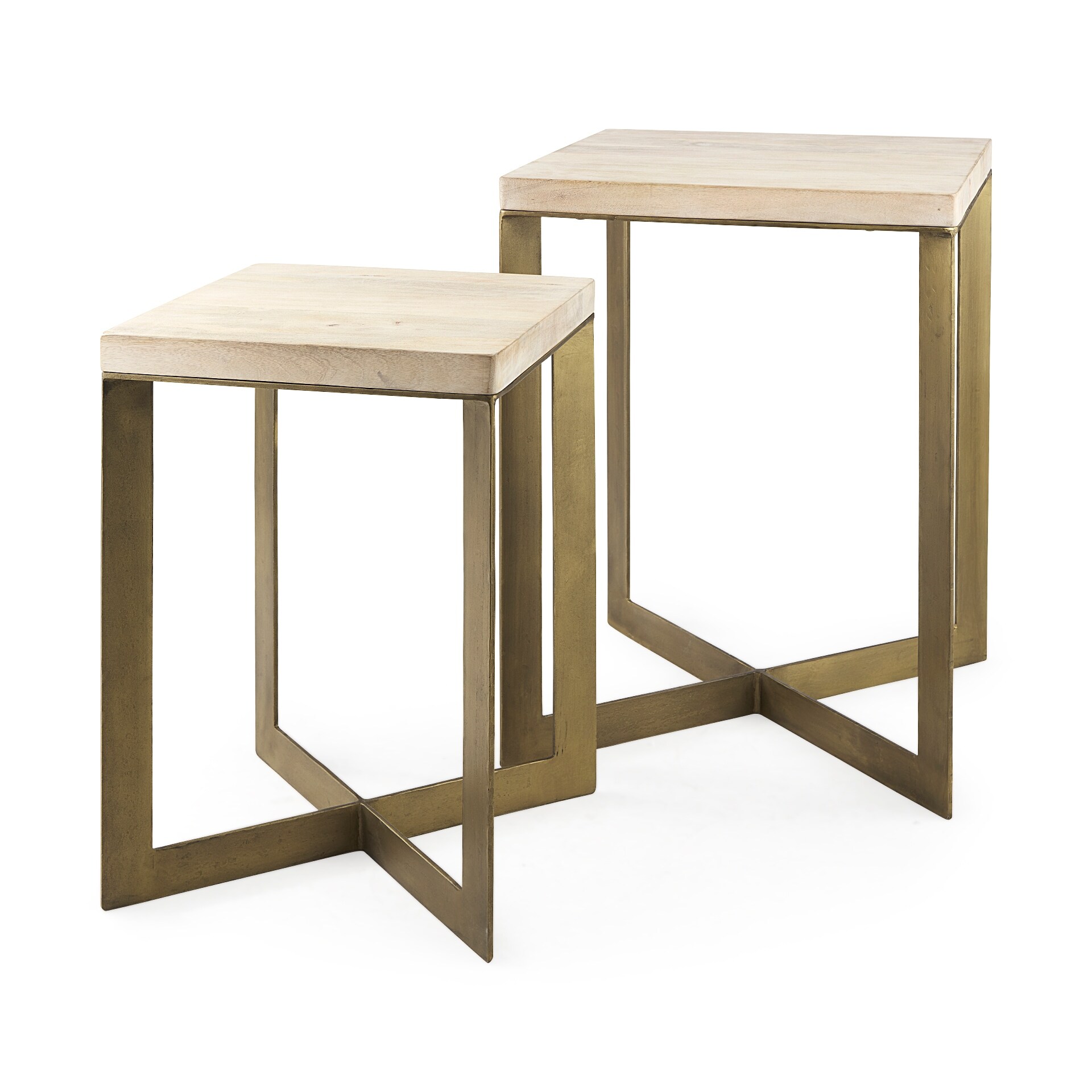 Faye Light Brown Wood w/ Gold X-Shaped Metal Base Accent Tables (Set of 2) - Mycitystee