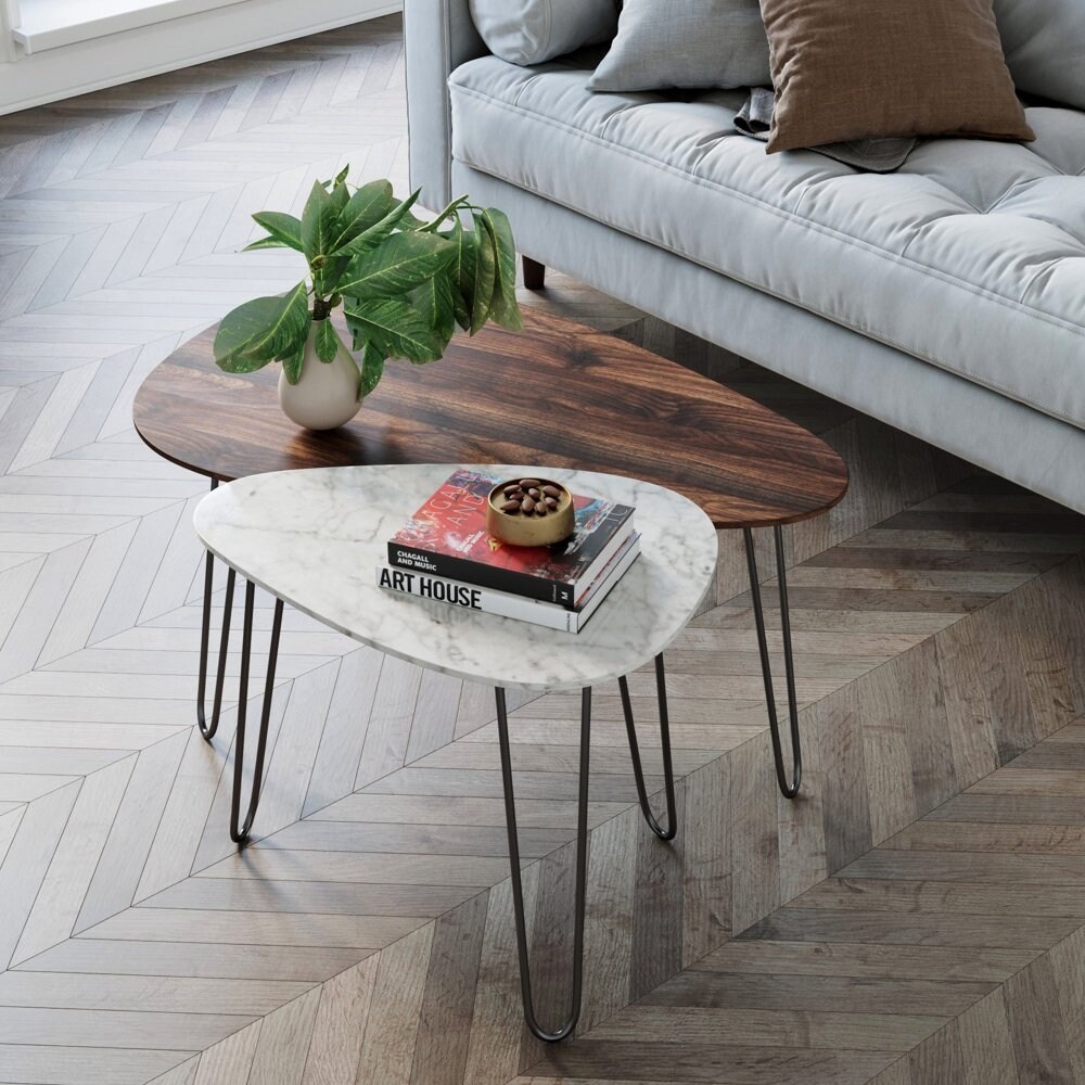 Mid Century Nesting Coffee Table Set of 2， Faux Marble Walnut Finish and Black Legs - Mycitystee