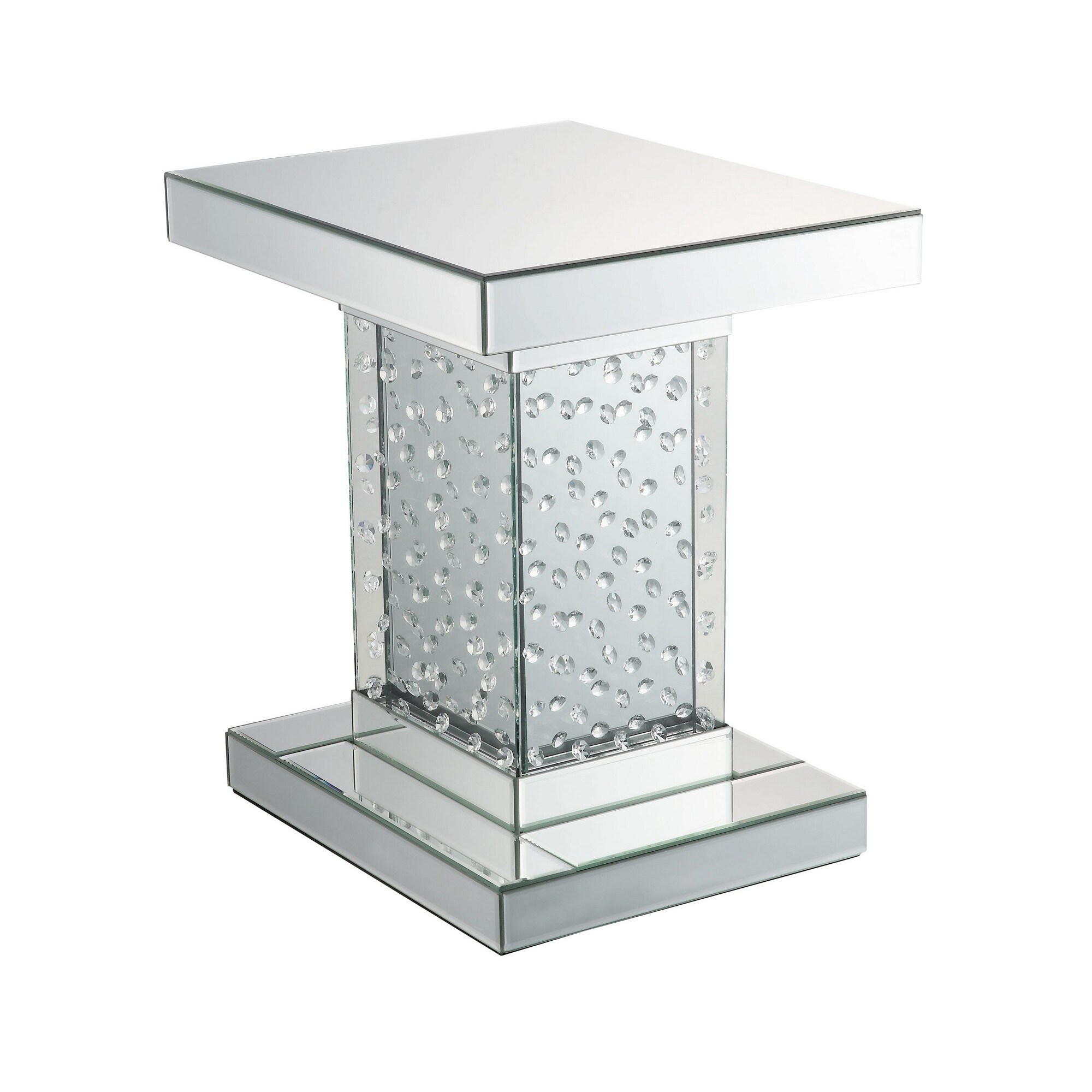 Pali 20 Inch Square Pedestal End Table， Mirrored， Faux Crystal Inlay， Silver - Mycitystee
