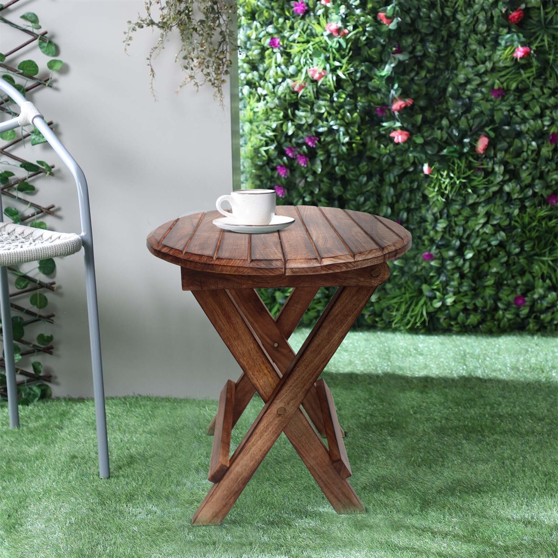 Farmhouse Wooden Round Folding Side End Table with Planked Top - Mycitystee