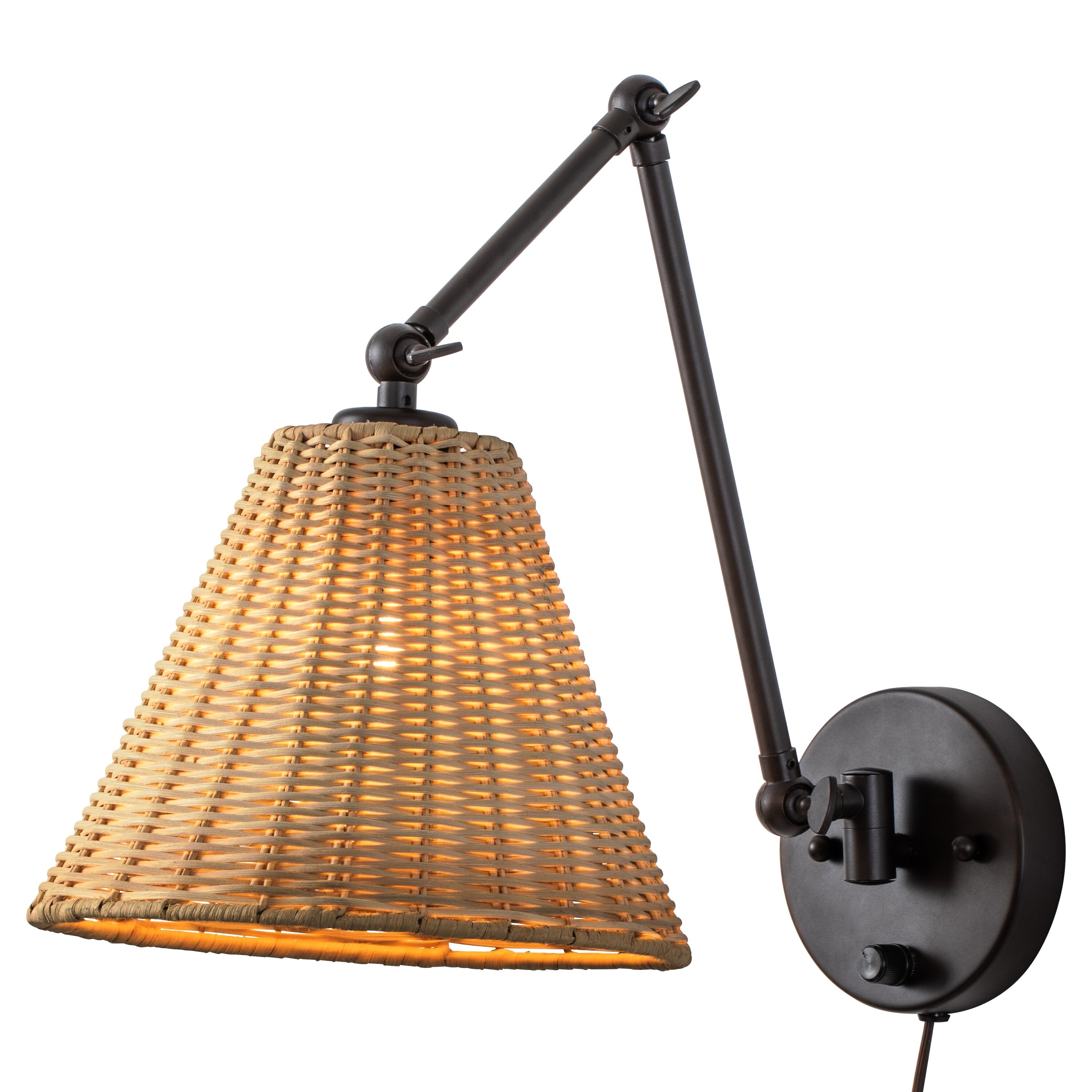 1-Light ORB Finish Woven Rattan Plug-in Swing Arm Wall Sconce with ON/OFF Switch - Woven Rattan - Mycitystee