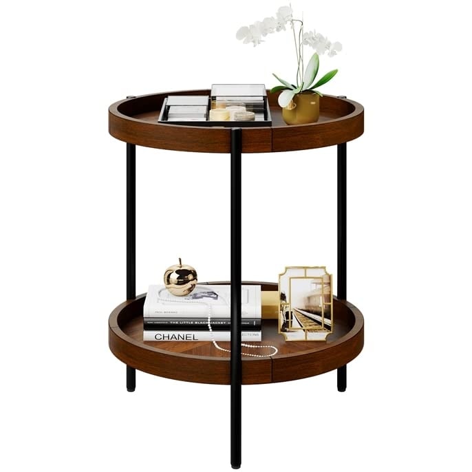 Round Side Table， 2-Tier Retro End Table with Bottom Shelf， Nightstand with Detachable Tray Top for Living Room， Bedroom - Mycitystee