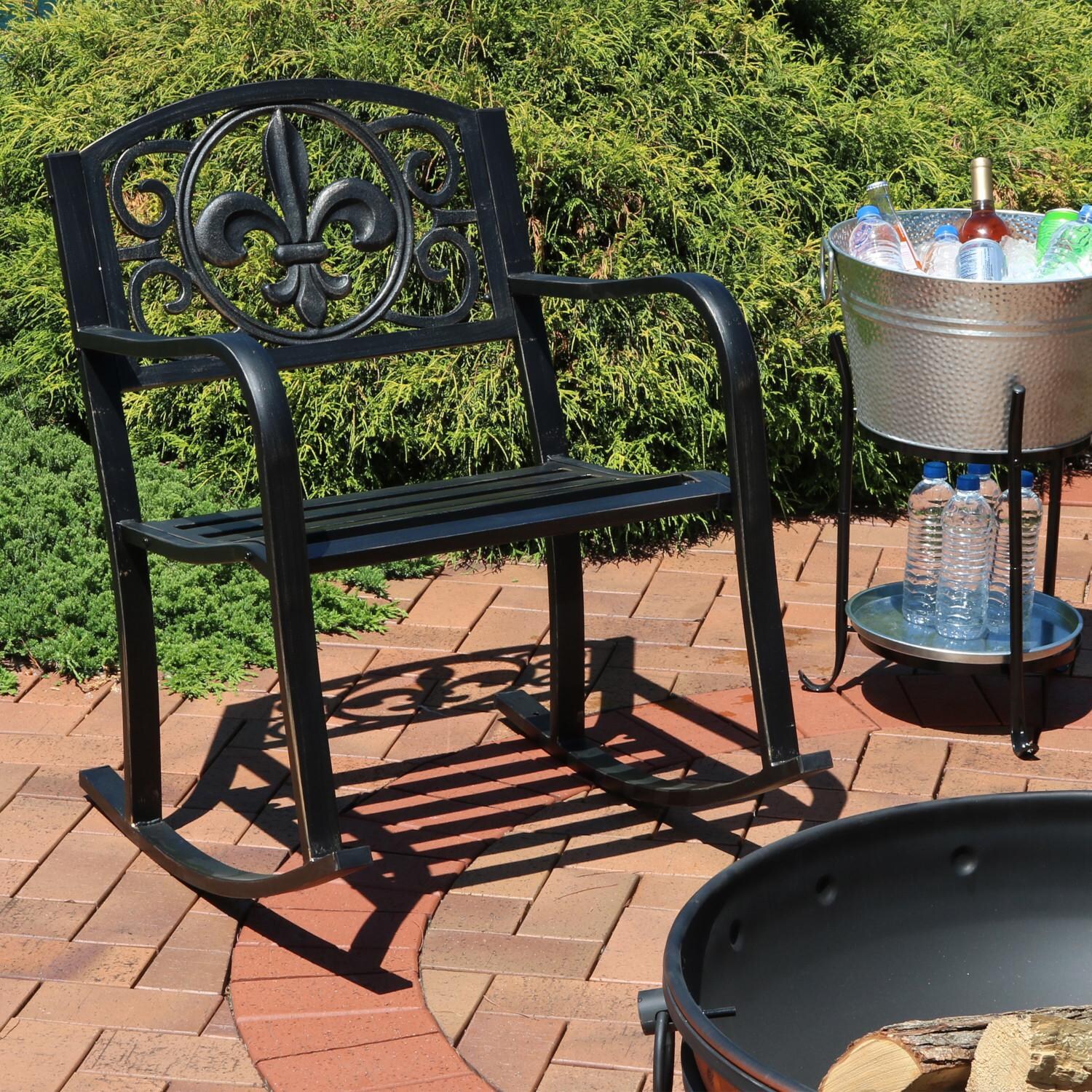 Ultimate Patio Cast Iron and Steel Patio Rocking Chair W/ Fleur-De-Lis Design - Mycitystee