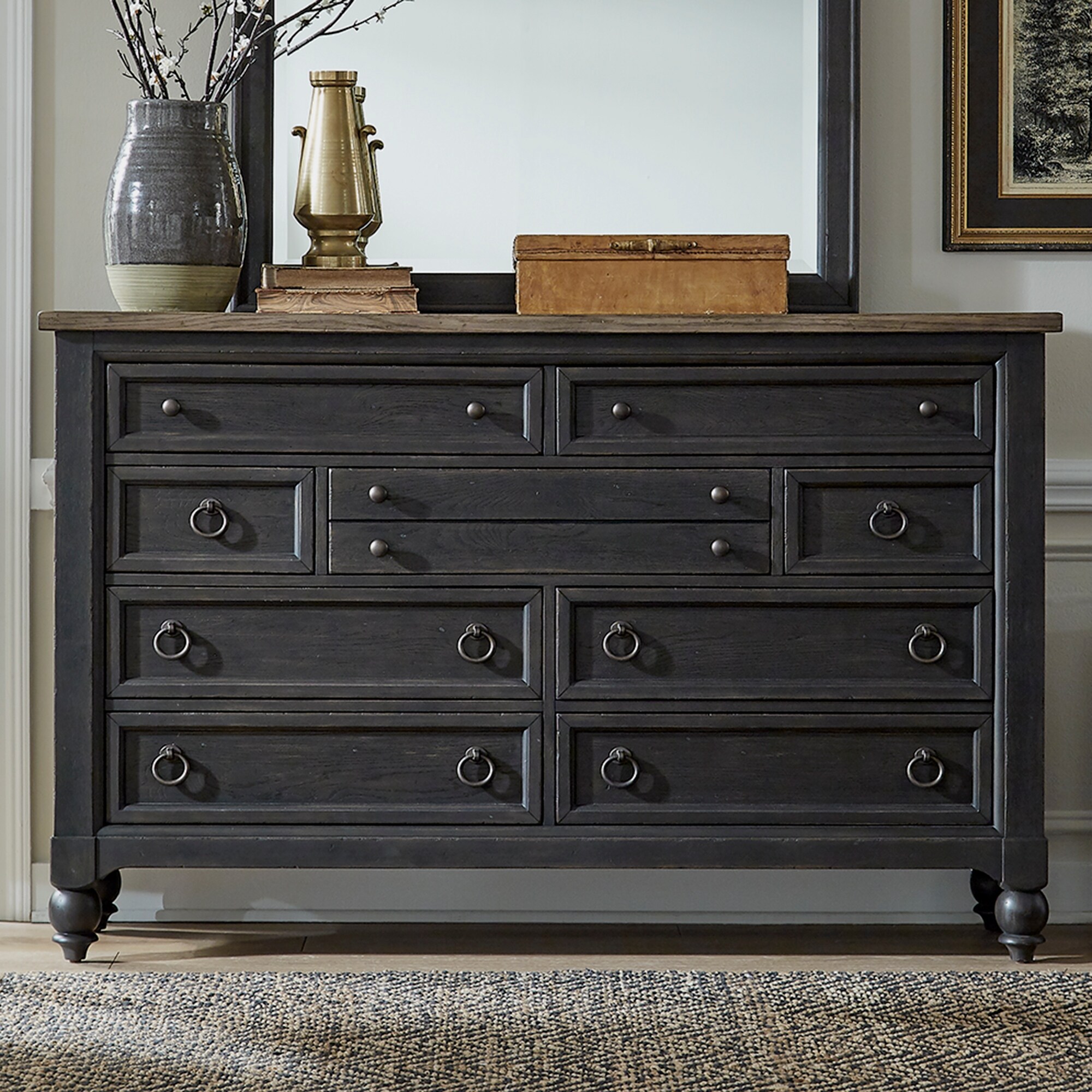 Americana Farmhouse Dusty Taupe Black 9 Drawer Dresser - - 36107949 - Mycitystee