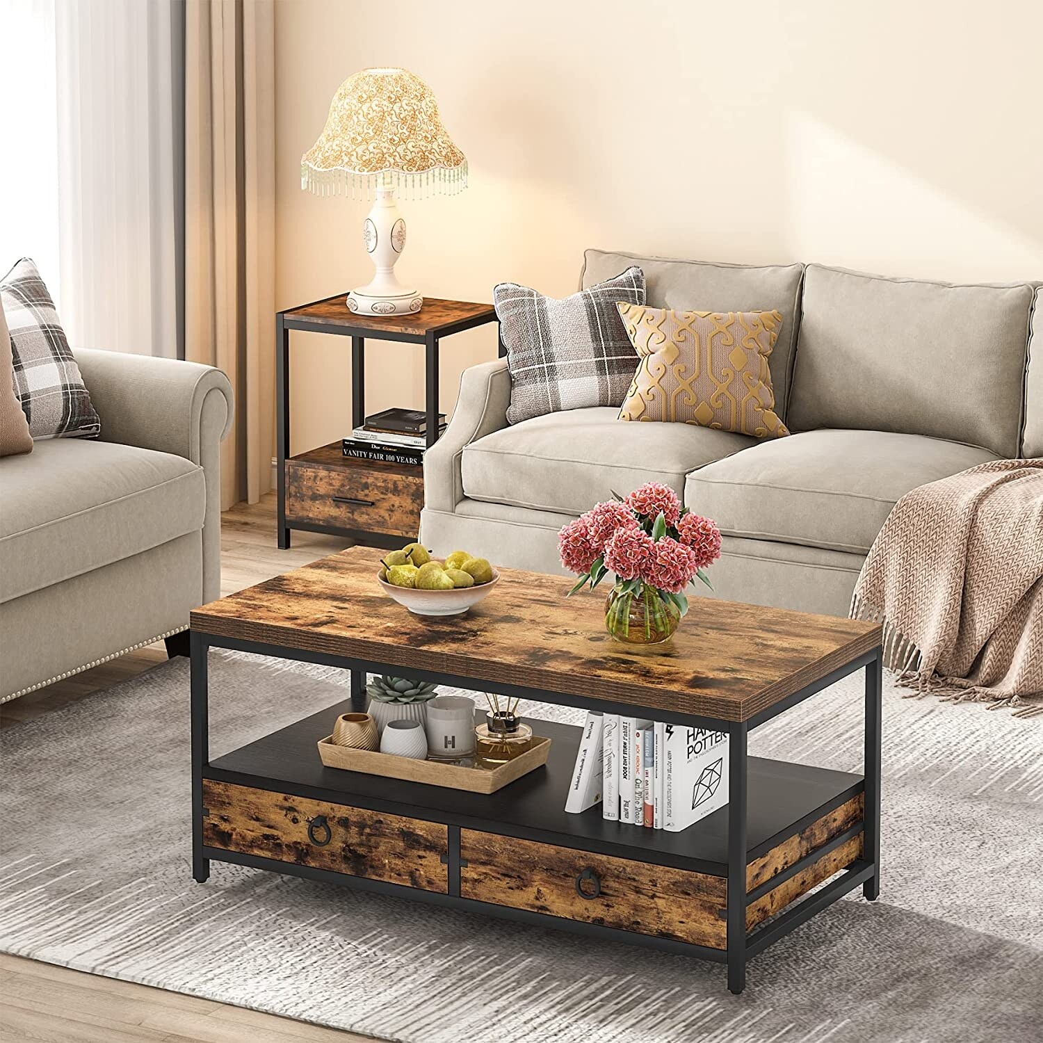Mid-Century Coffee Table with Open Storage and Cabinet for Living Room - Mycitystee