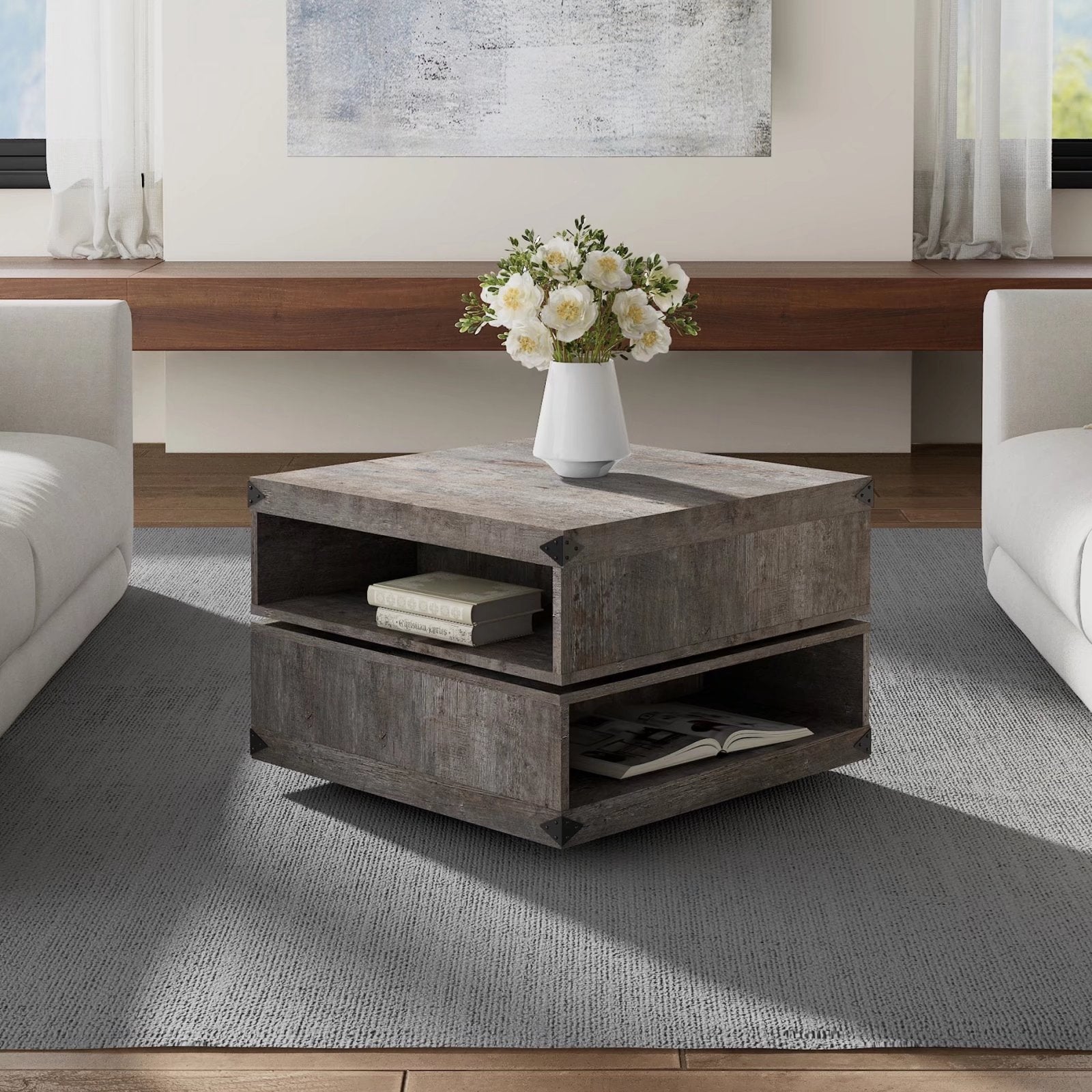 Square Coffee Table with Rotating Tabletop， Accent Center Table - Mycitystee