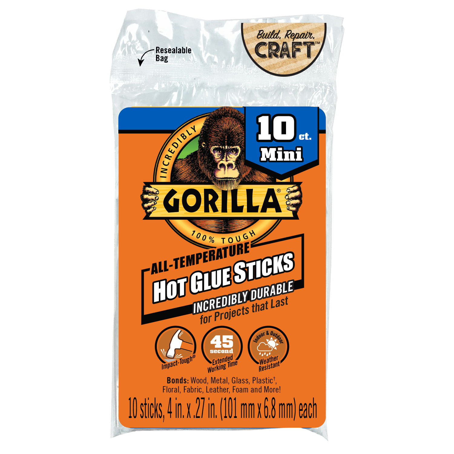 Gorilla .27 in. D X 4 in. L All Purpose Mini Glue Sticks Clear 10 pk - Mycitystee