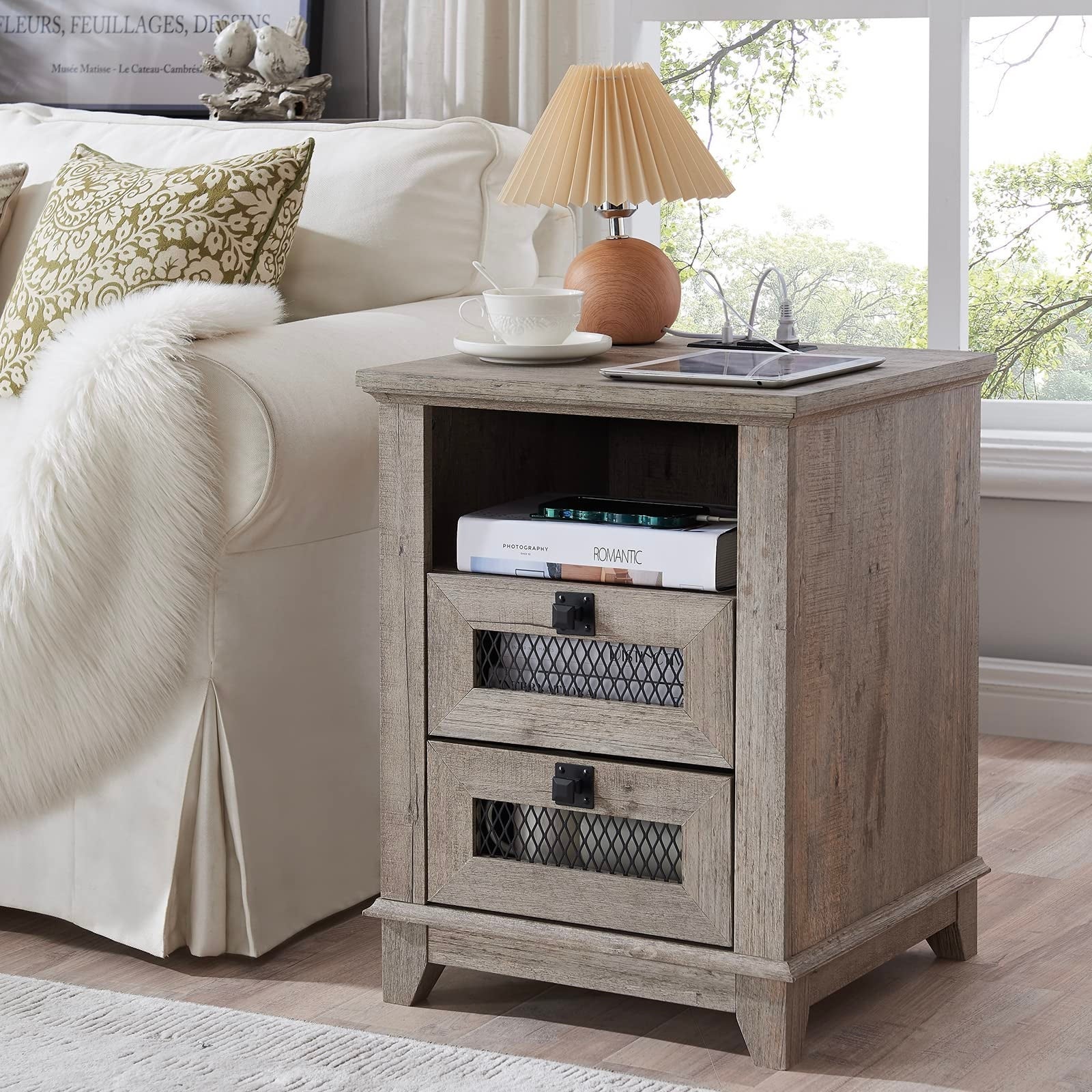 Nightstand with Charging Station，OKD 18'' Industrial and Farmhouse End Table with 2 Drawers and Open Cubby - Mycitystee