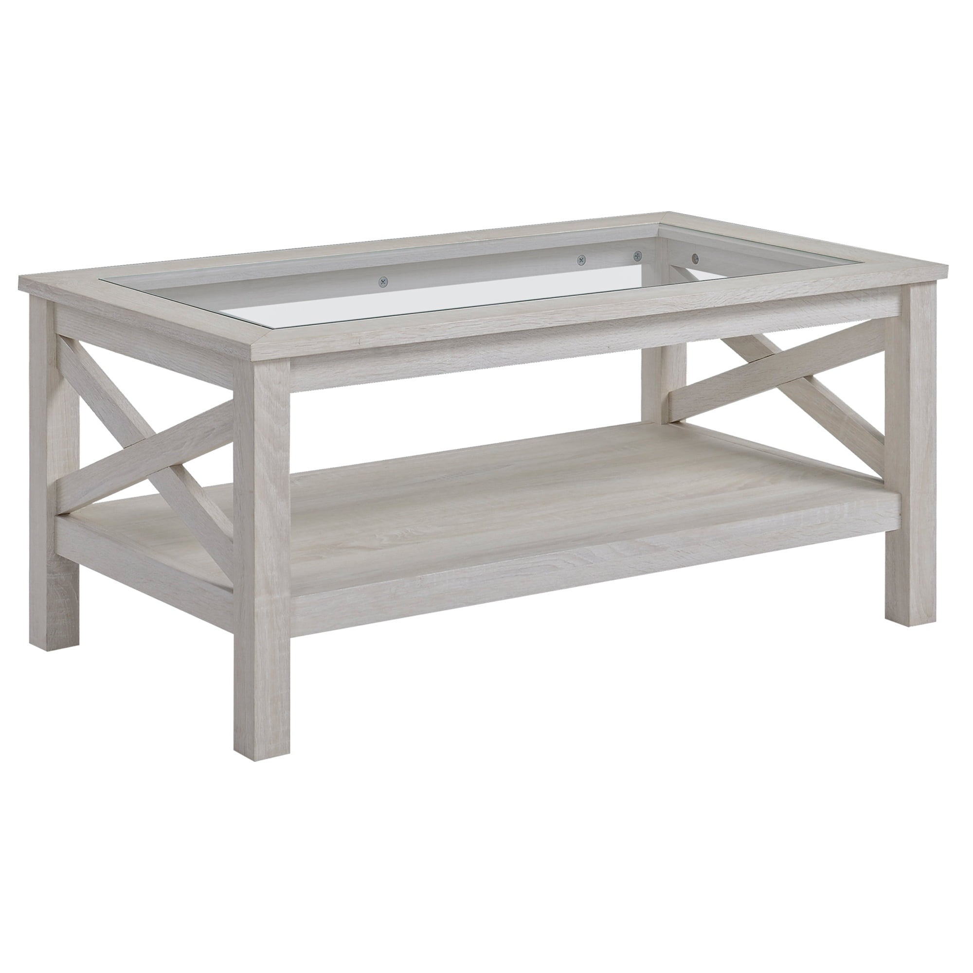 Traditional Coffee Table w/Wood Frame， Tempered Glass Tabletop， White Oak - Mycitystee