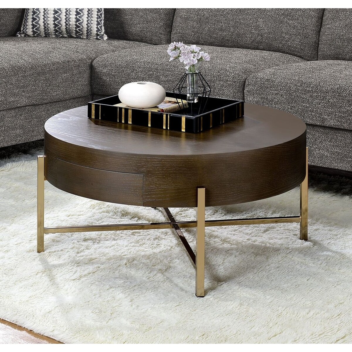 Rustic Style Round Coffee Table， Sofa Table With Gold Metal Legs - Mycitystee