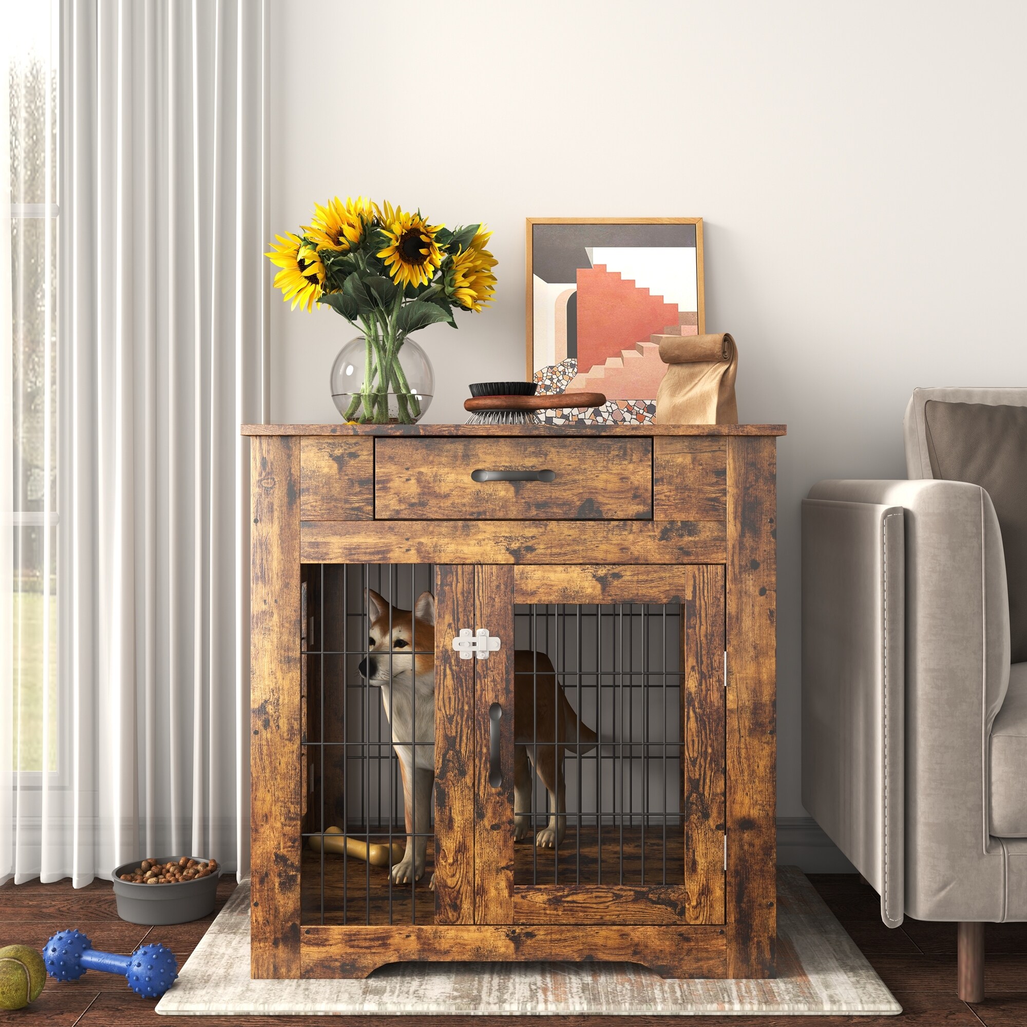 Dog Crate End Table with Drawer， with Double Doors - Mycitystee