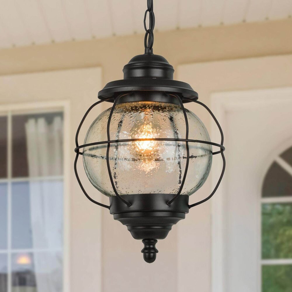 1-Light Modern Farmhouse Black and Seeded Globe Glass Shade Adjustable Outdoor Pendant Lighting， 10.2