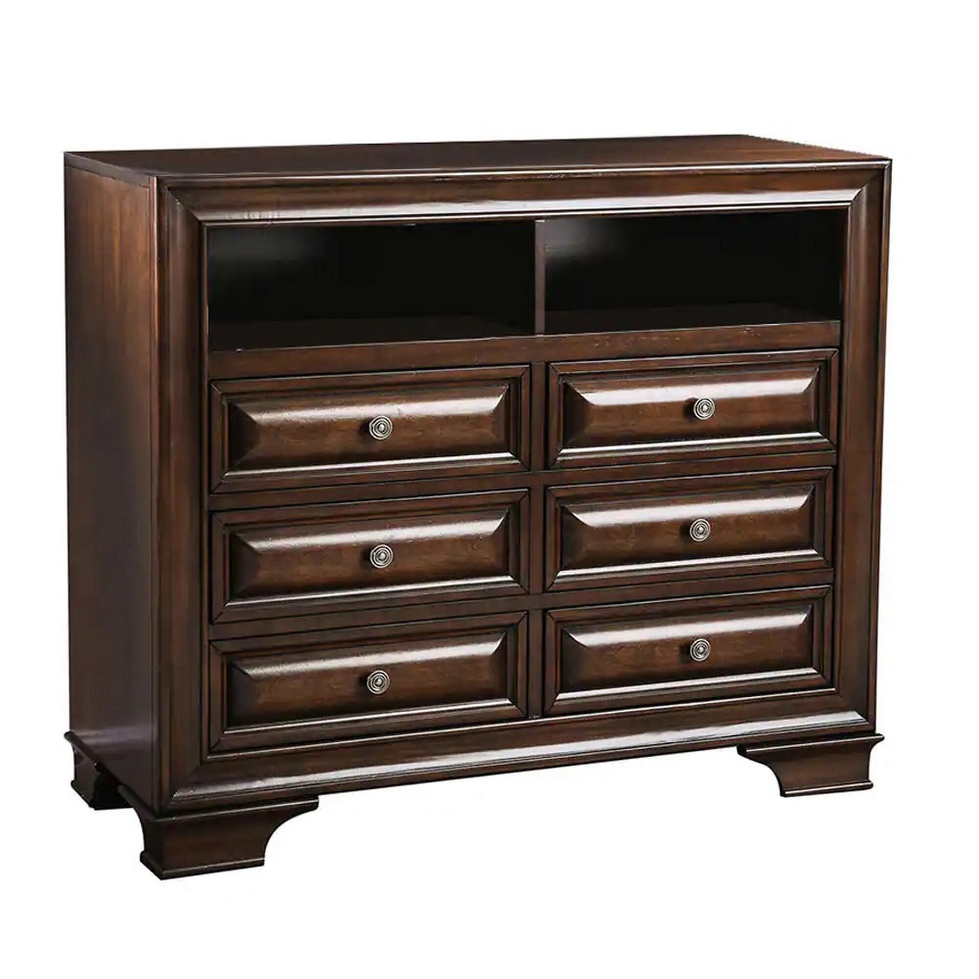Wooden Media Chest With Six Drawer And Two Open Shelf In Cherry Brown - - 36687360 - Mycitystee
