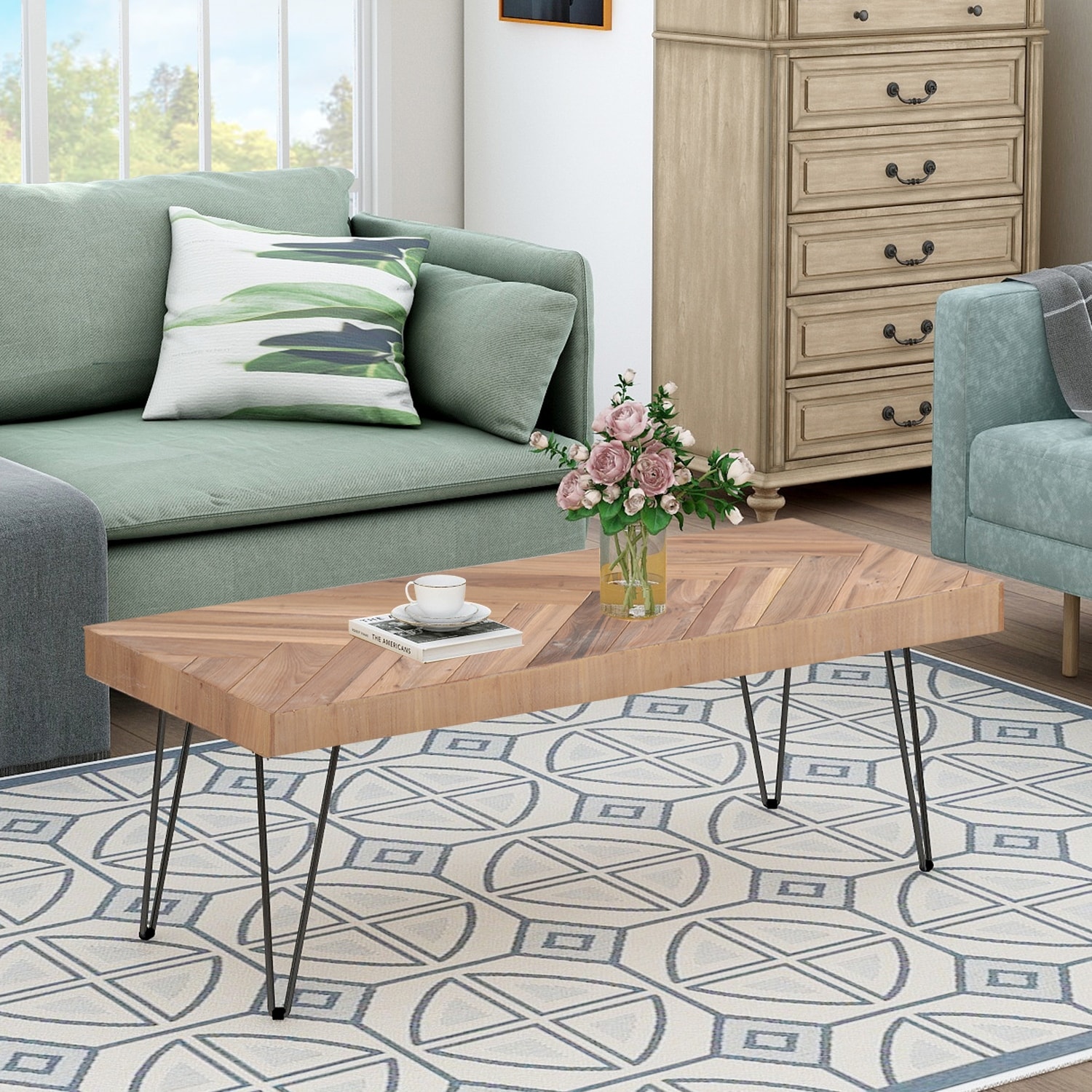 Modern Coffee Table Tea Table Cocktail Table for Living Room w/Chevron Pattern and Metal Hairpin Legs Old Elm Wood Finished - Mycitystee