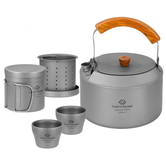 COOK'N'ESCAPE Titanium Outdoor Cookware Mess Kit， 1.2L Titanium Camping Kettle， Backpacking Coffee Cup with Strainer， 2 Tea Cups for Camping， Backpack - Mycitystee