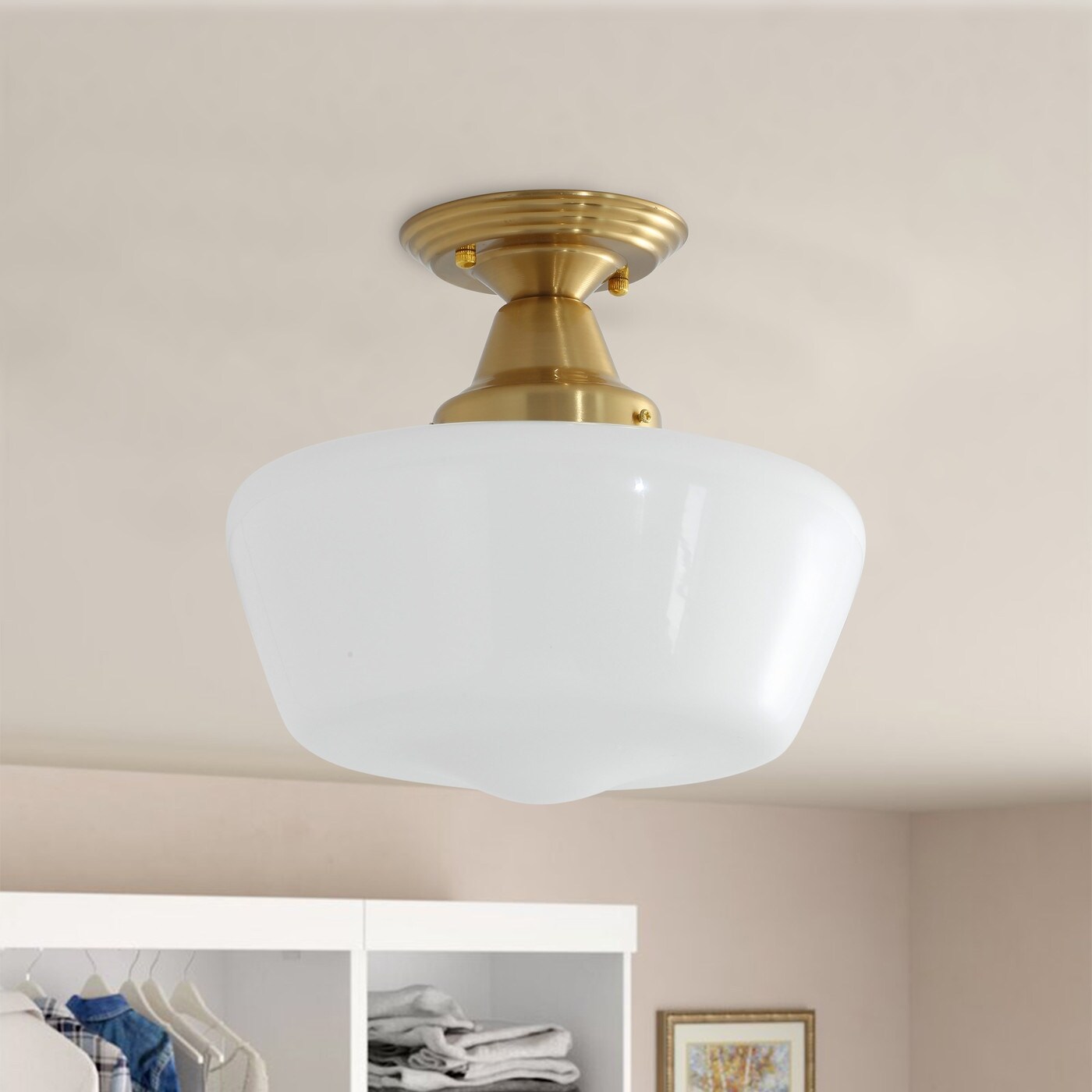 Vintage Gold 1-Light White Glass Semi Flush Mount Lighting Fixture - Mycitystee
