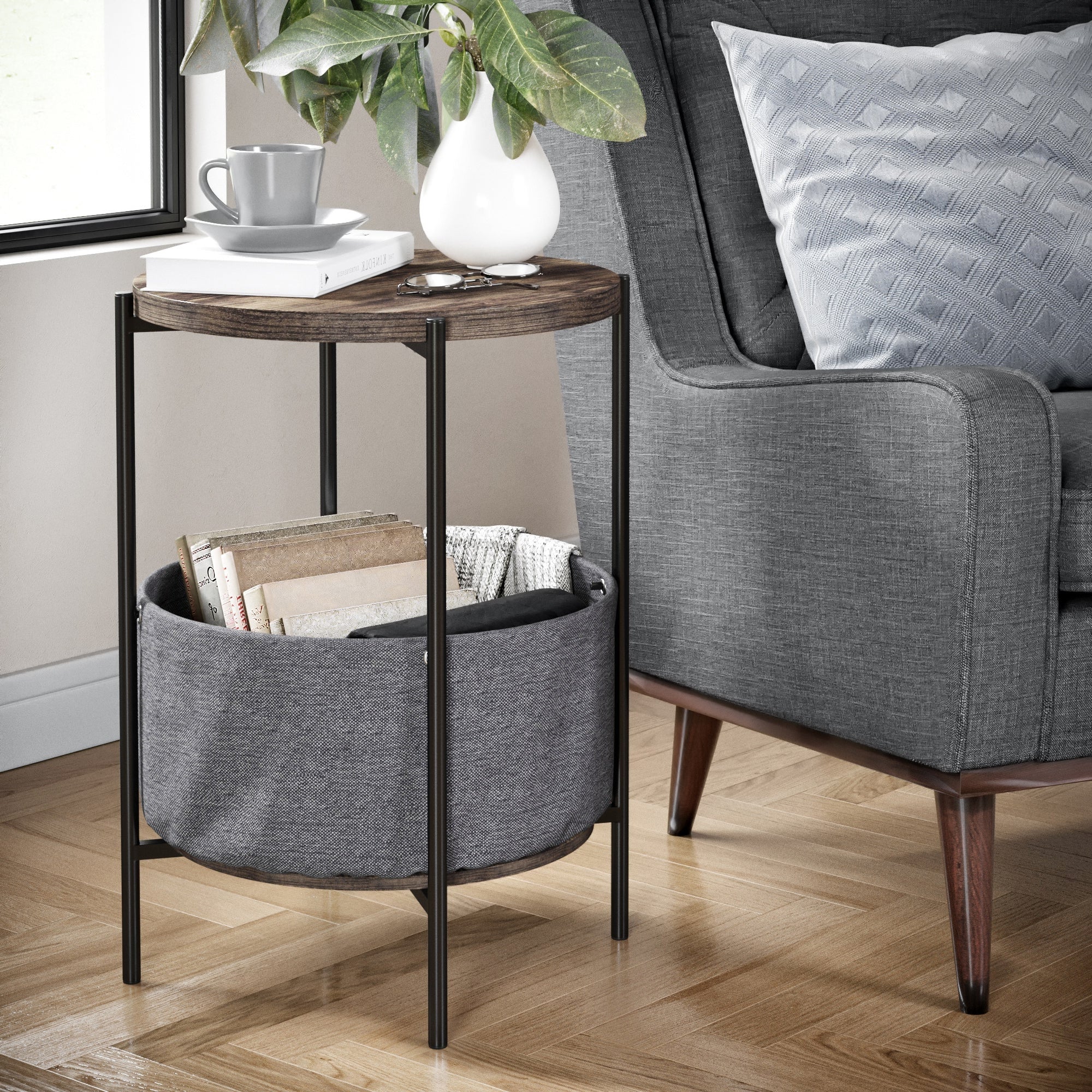 Nathan James Oraa Wood Side Table with Fabric Storage and Metal Base - Mycitystee