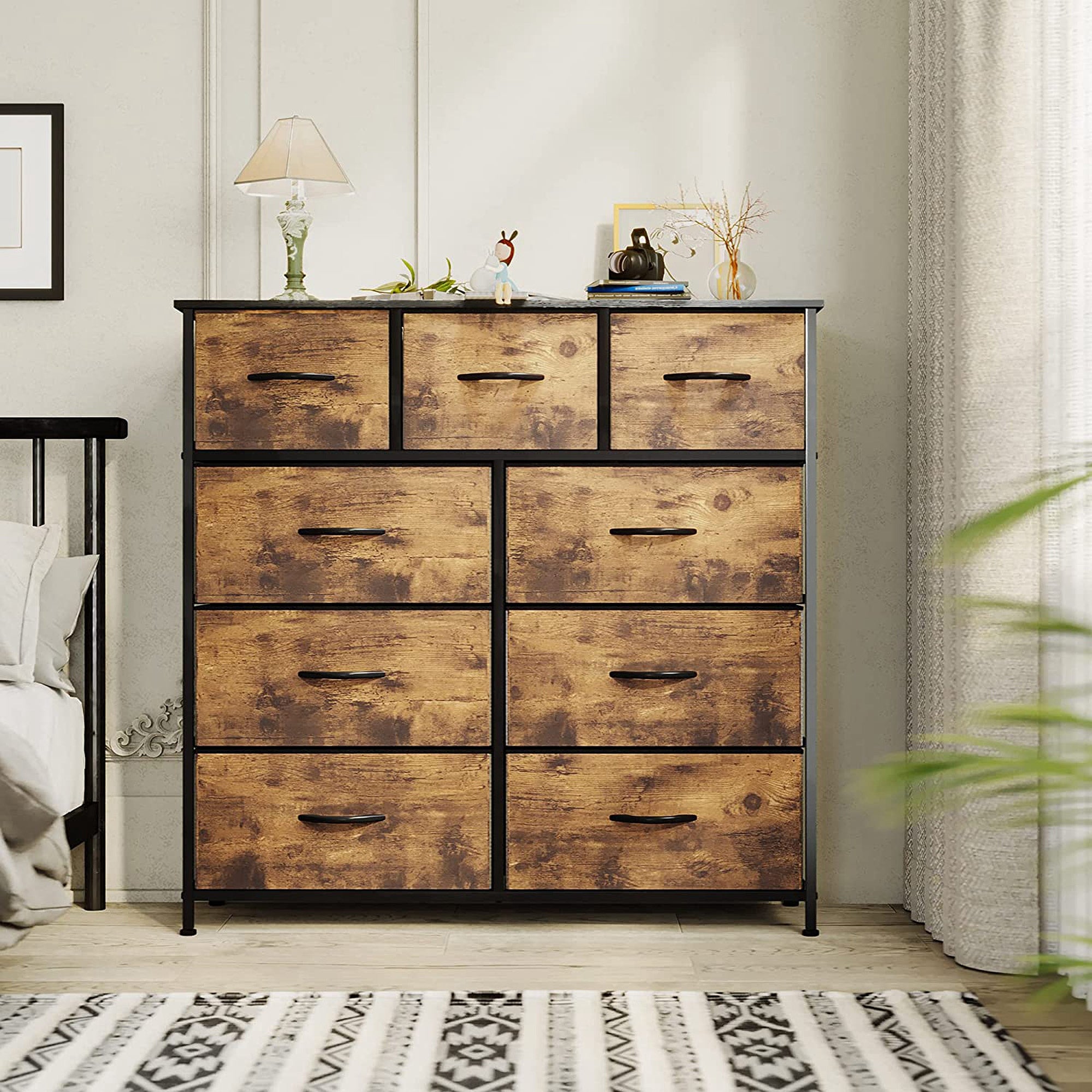 9 Drawers Dresser with Fabric Storage Tower， Organizer Unit with Sturdy Steel Frame， Wooden Top - - 37475725 - Mycitystee