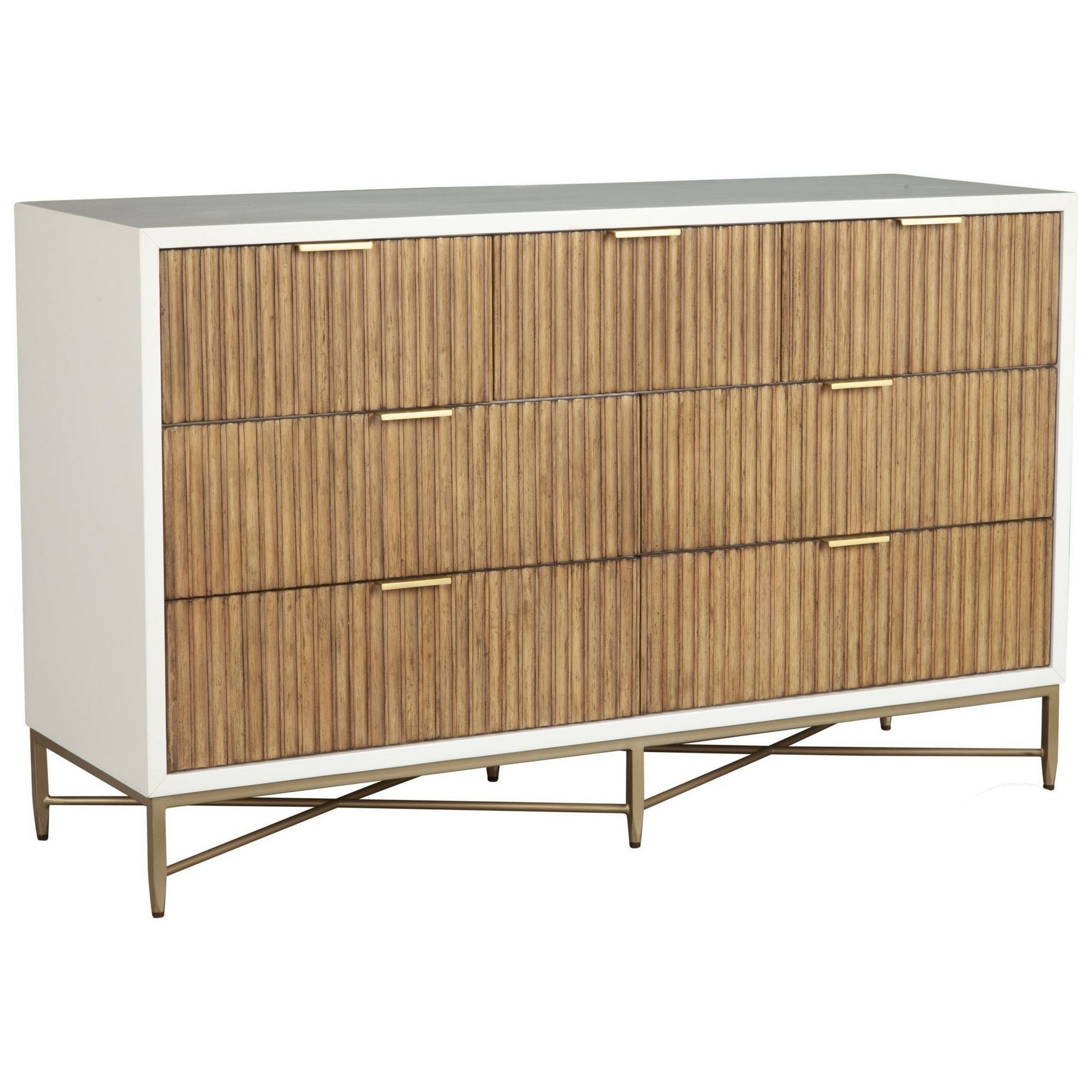 Eli 56 Inch 7 Drawer Dresser， Corrugated Panels， Mahogany Wood， White， Gold - - 36907753 - Mycitystee