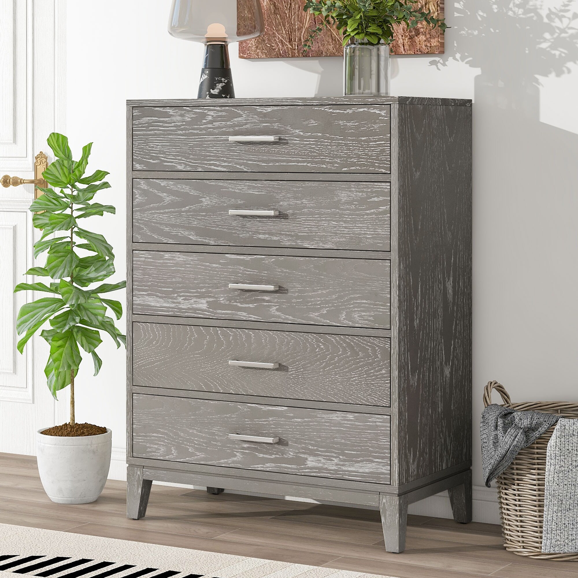 Modern Concise 5-Drawer Grey Grain Solid Wood Chest - - 37211337 - Mycitystee