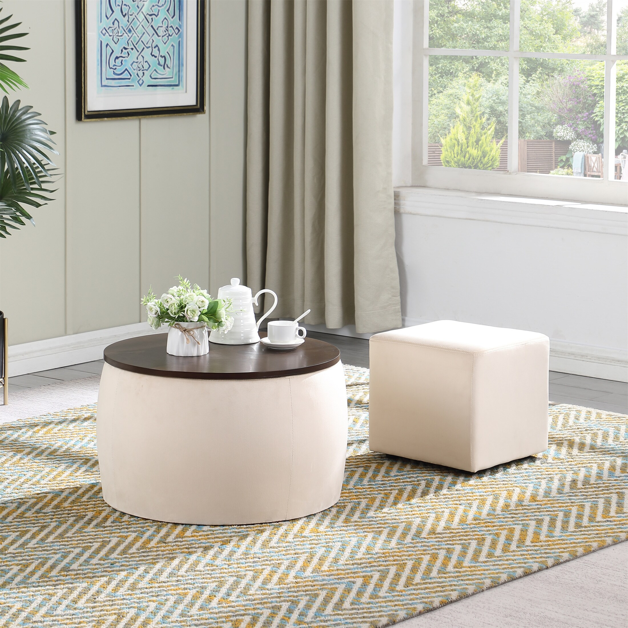 Round Ottoman Set with Storage (2 in 1 combination) - Mycitystee