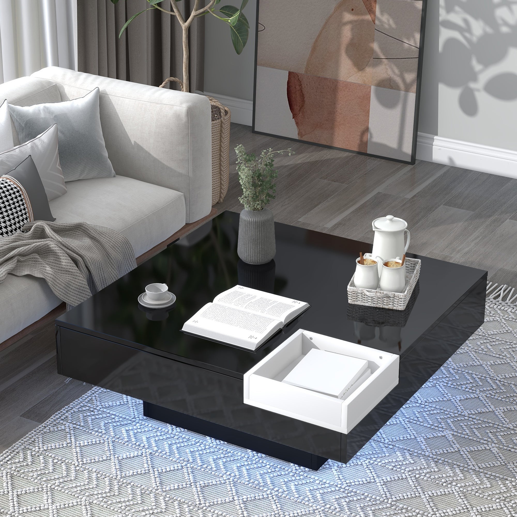 Modern Square Coffee Table with Plug-in 16-color LED Strip Lights - Mycitystee