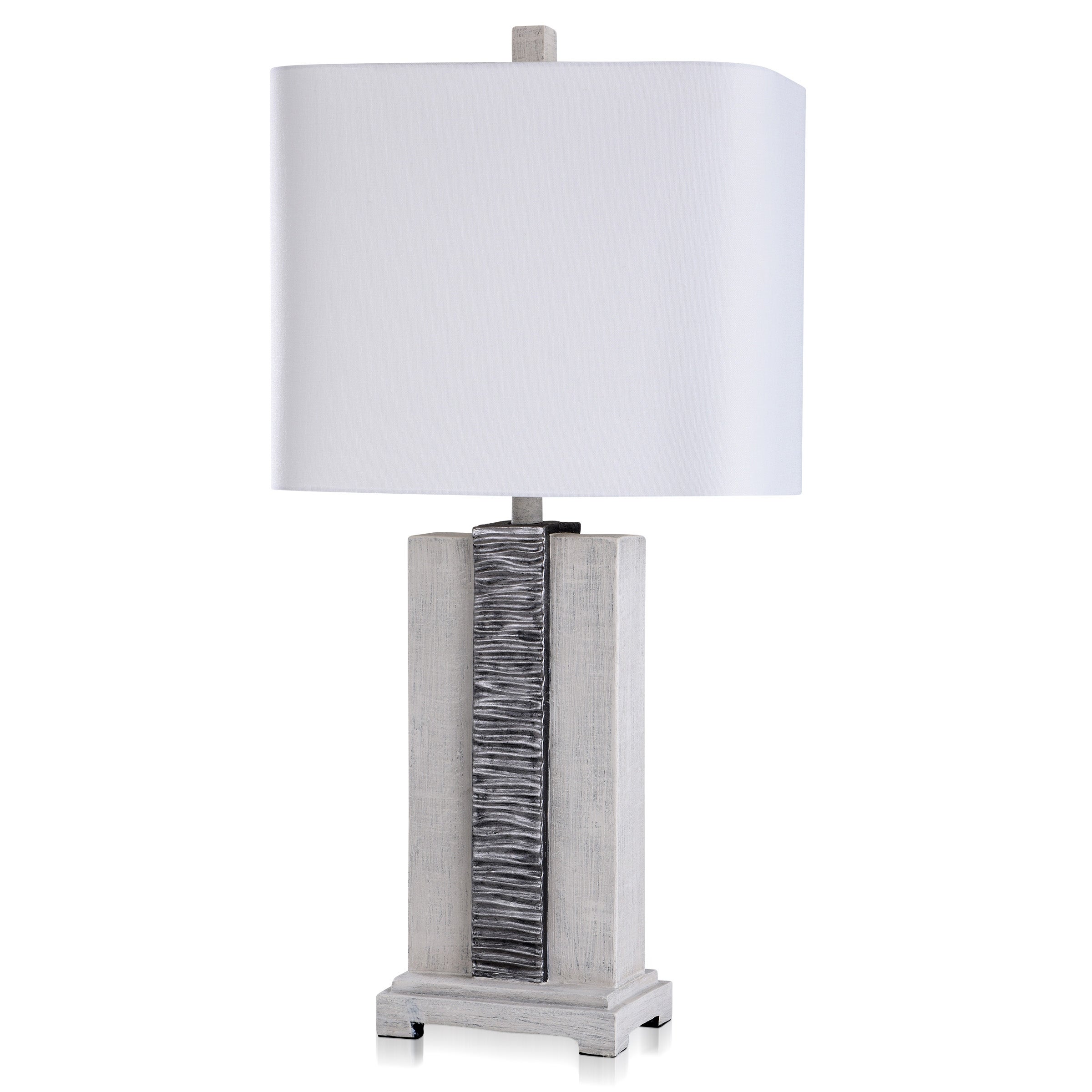 Owen - Transitional Waterfall Resin Table Lamp - Distressed White， Silver Metallic - White Linen Shade - Mycitystee