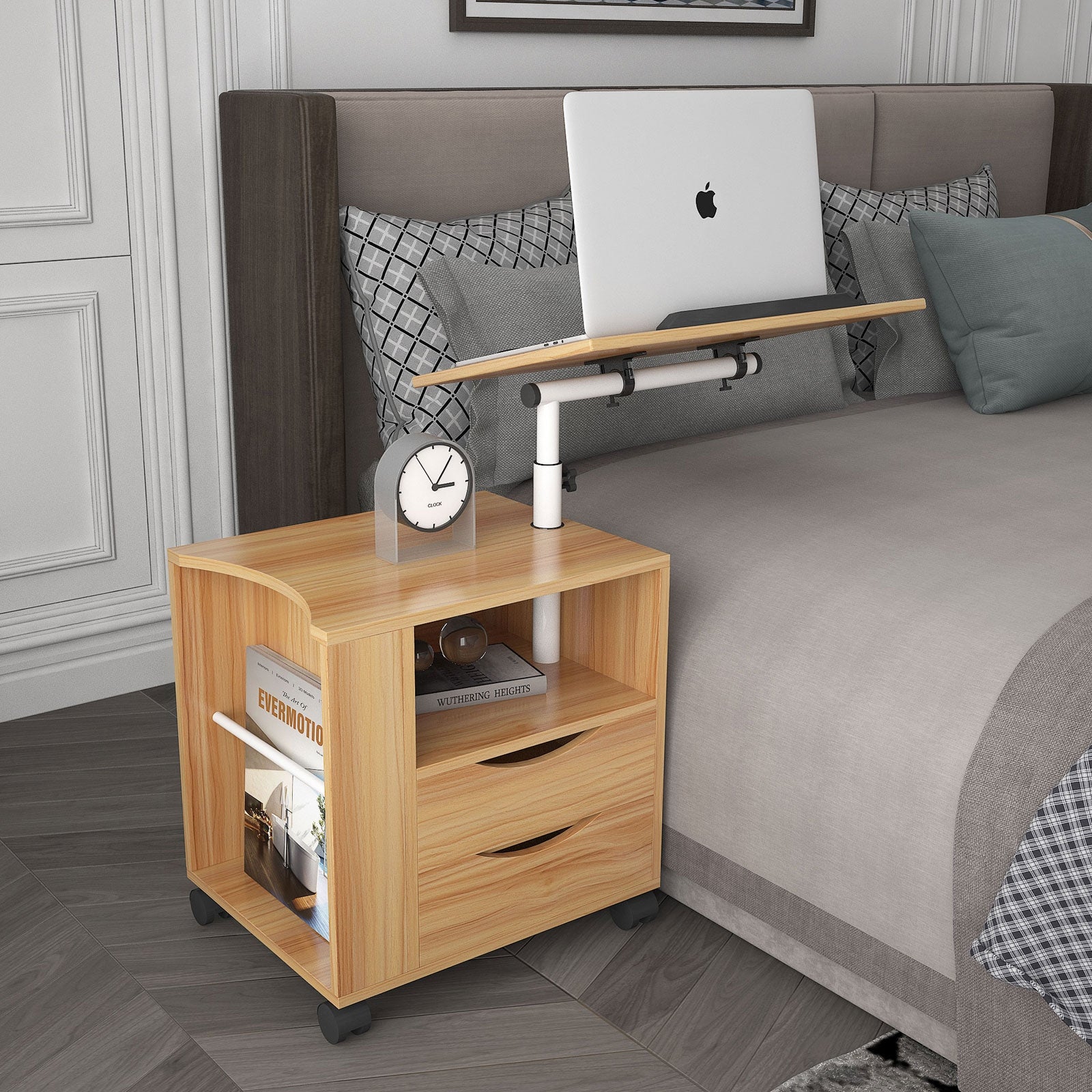 Height Adjustable Overbed End Table Wooden Nightstand with Swivel Top Storage Drawers Wheels and Open Shelf - Mycitystee