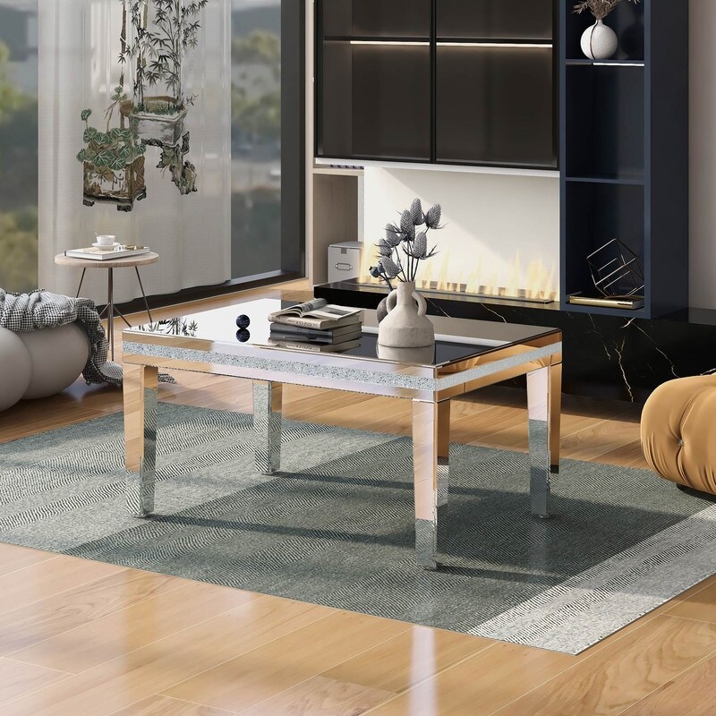 Mirrored Coffee table Silver living room table with crystal detailing and adjustable legs - Mycitystee