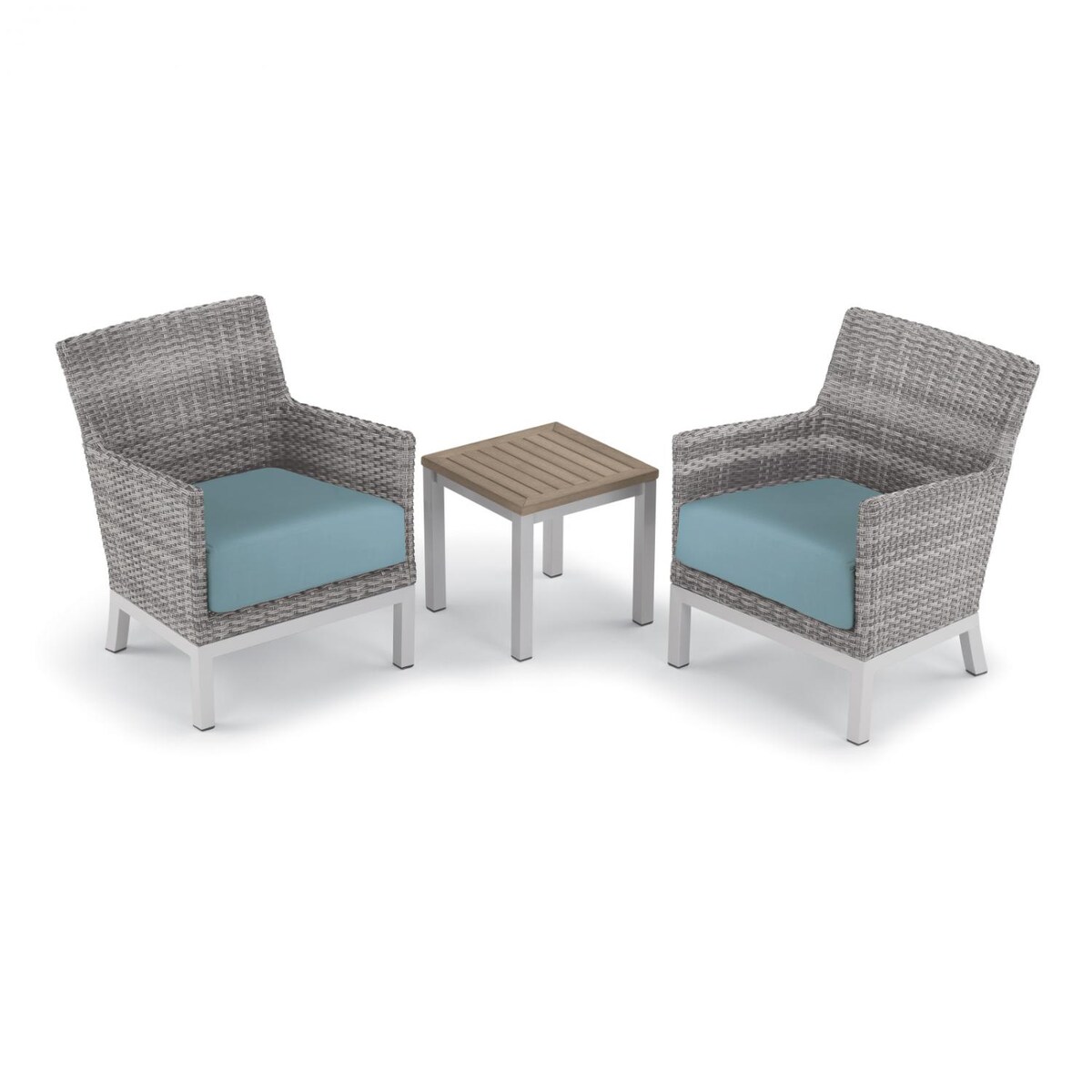 Argento 3 Piece Wicker Patio Conversation Set W/ Tekwood Vintage End Table and Ice Blue Cushions By Oxford Garden - Mycitystee