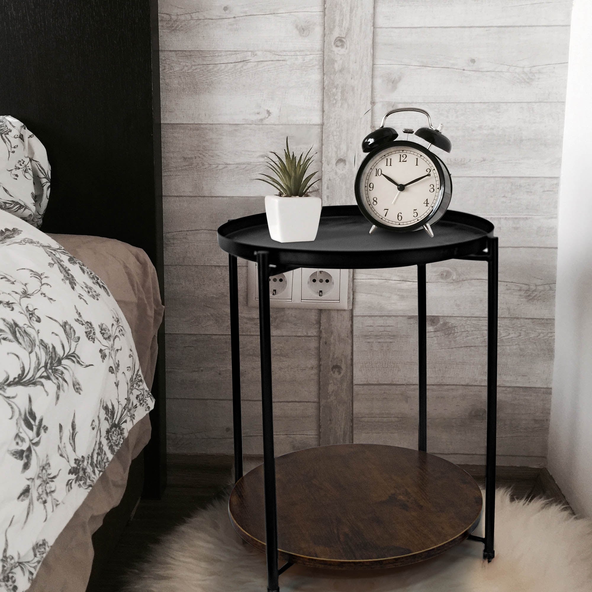 Round Wood Side Table with Storage， 2 Layer Black Metal Frame End Table - Mycitystee