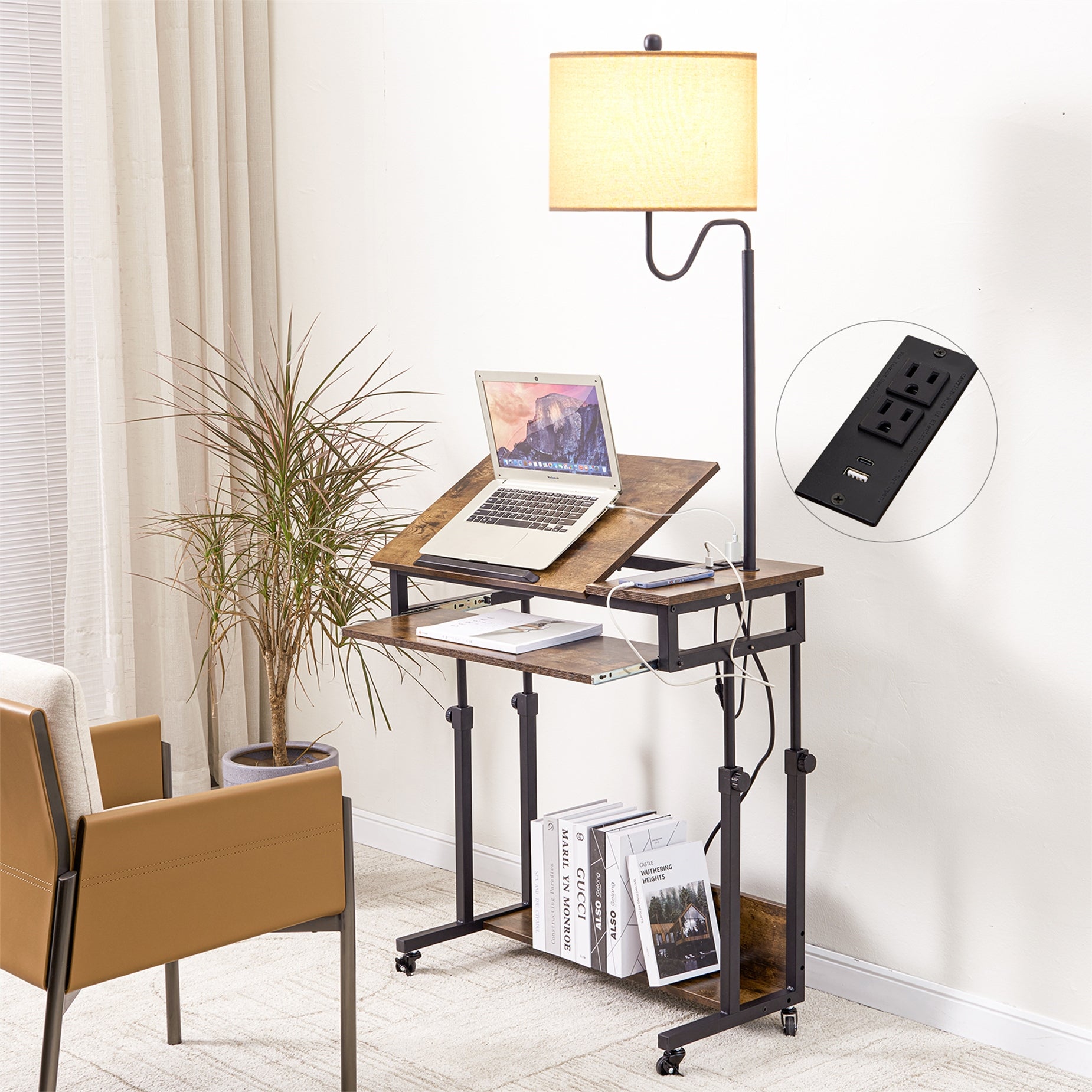 Desk with Floor Lamp， Wheels， Keyboard Tray - Mycitystee